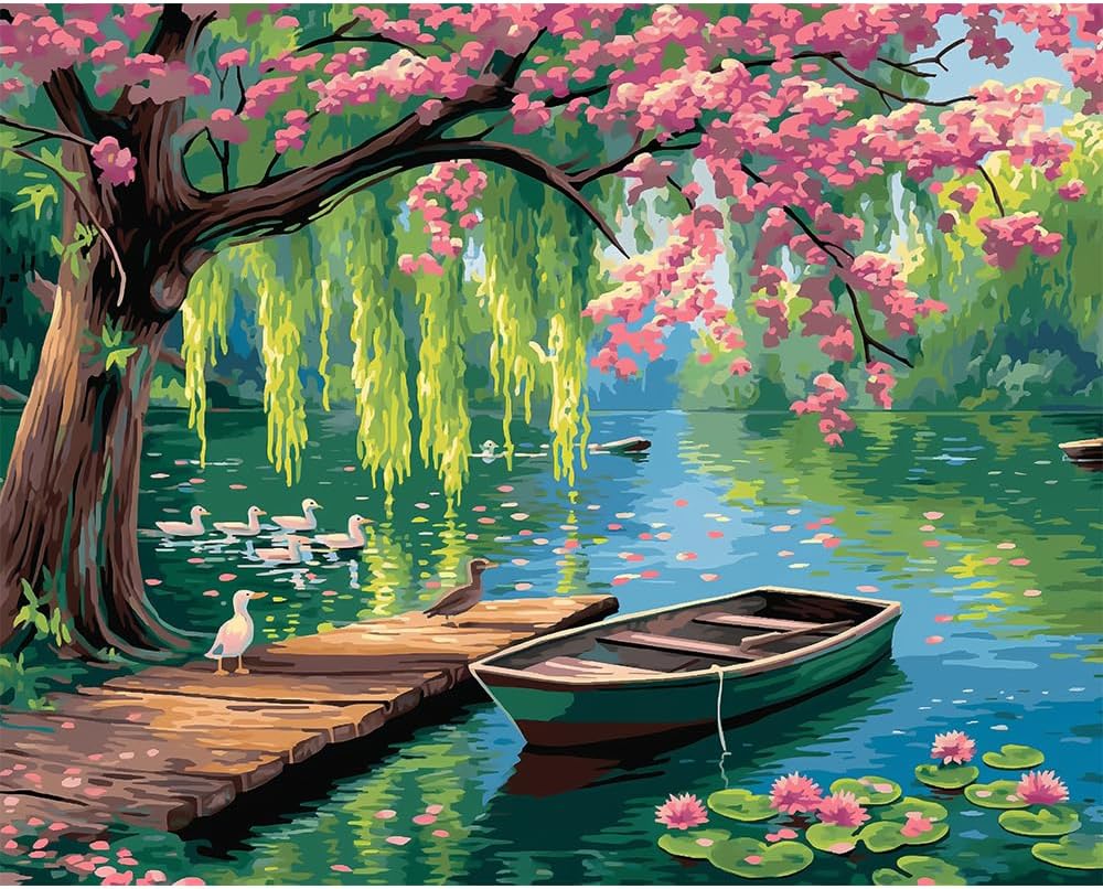 Painting by Numbers for Beginners, Lakeside Art Craft Kits for Adults (16x20 Inch)