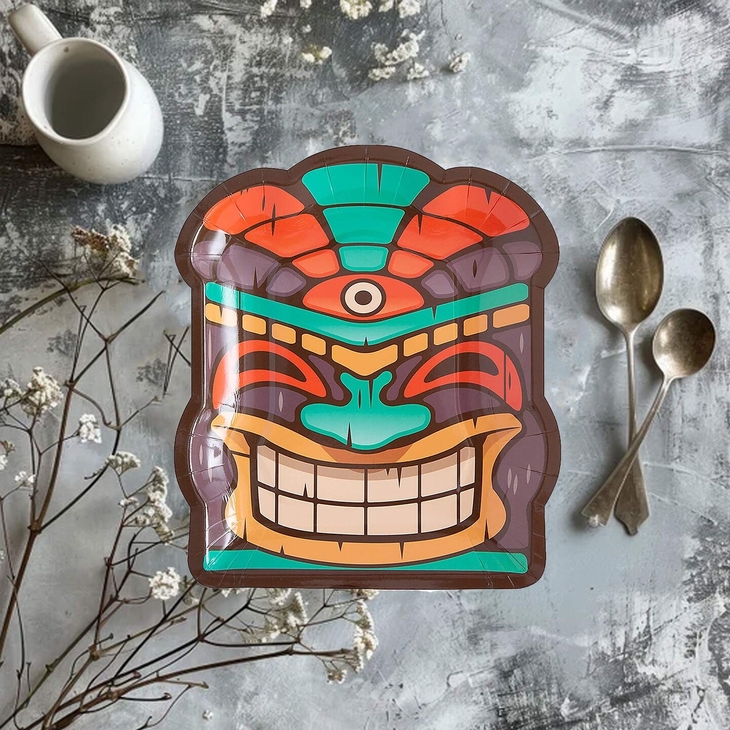 8 Count Tiki Mask Shaped Paper Dessert Plates 7x8 Inch Disposable Party Tableware for Luau Tropical Party