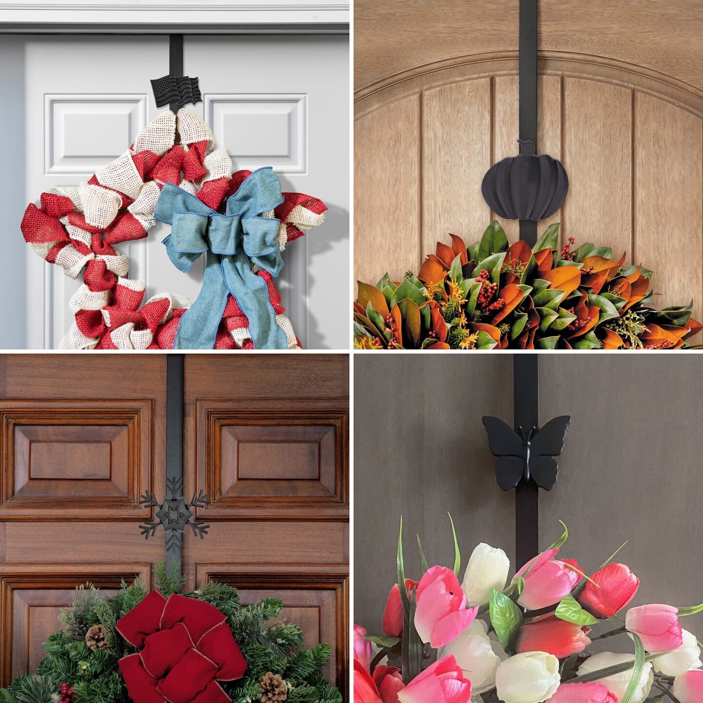 Haute Decor Adjustable Length Wreath Hanger with Interchangeable Icons (4 Wreath Hangers in 1) (Matte Black-Flag/Snowflake/Butterfly/Pumpkin)