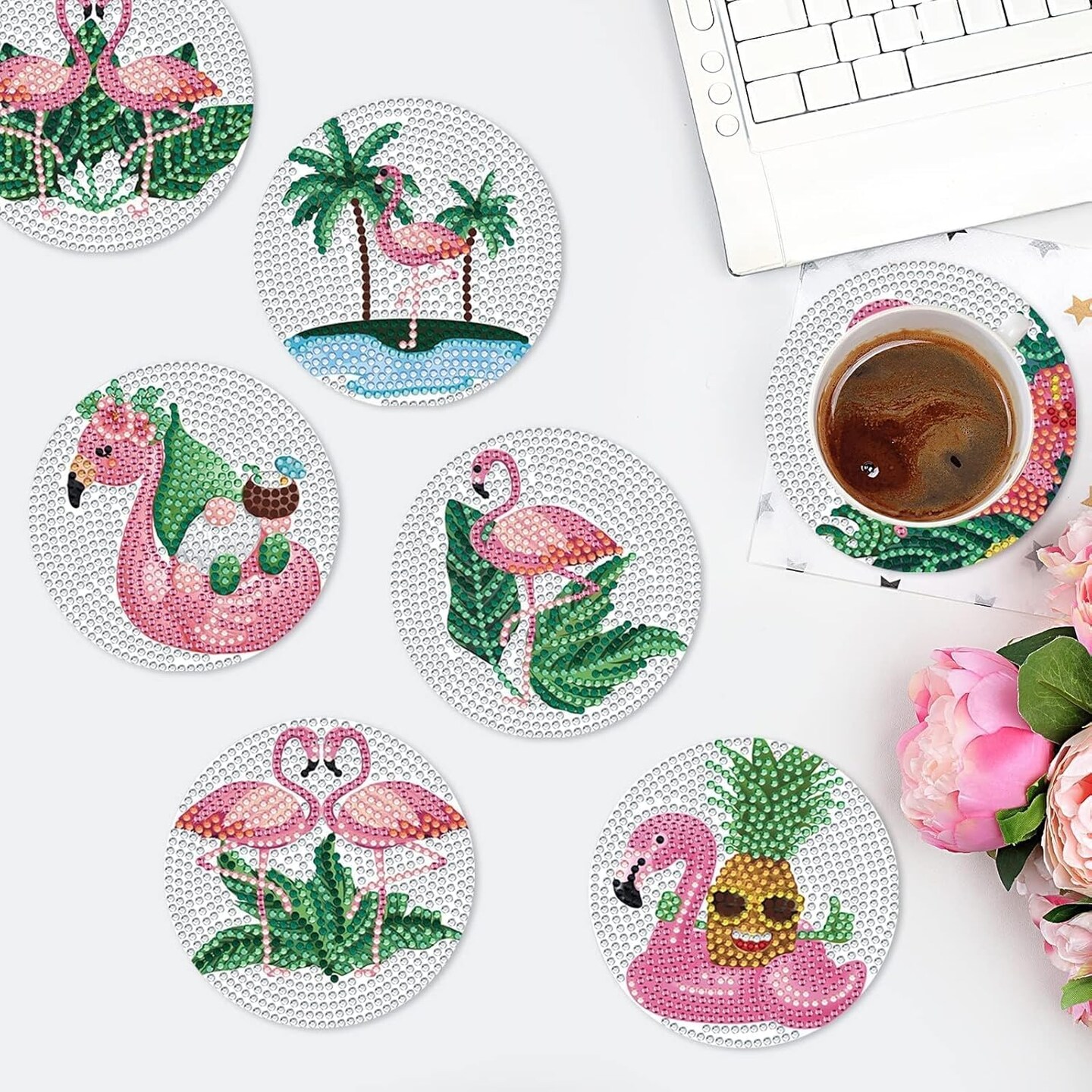 8 Pcs Summer Flamingo Diamond Coasters with Holder