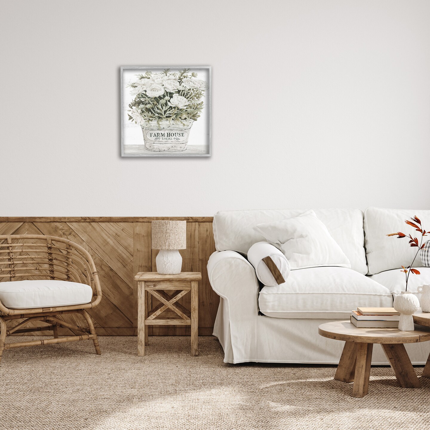 Stupell Industries Farmhouse Planter White Rose Blossoms Framed Giclee Art