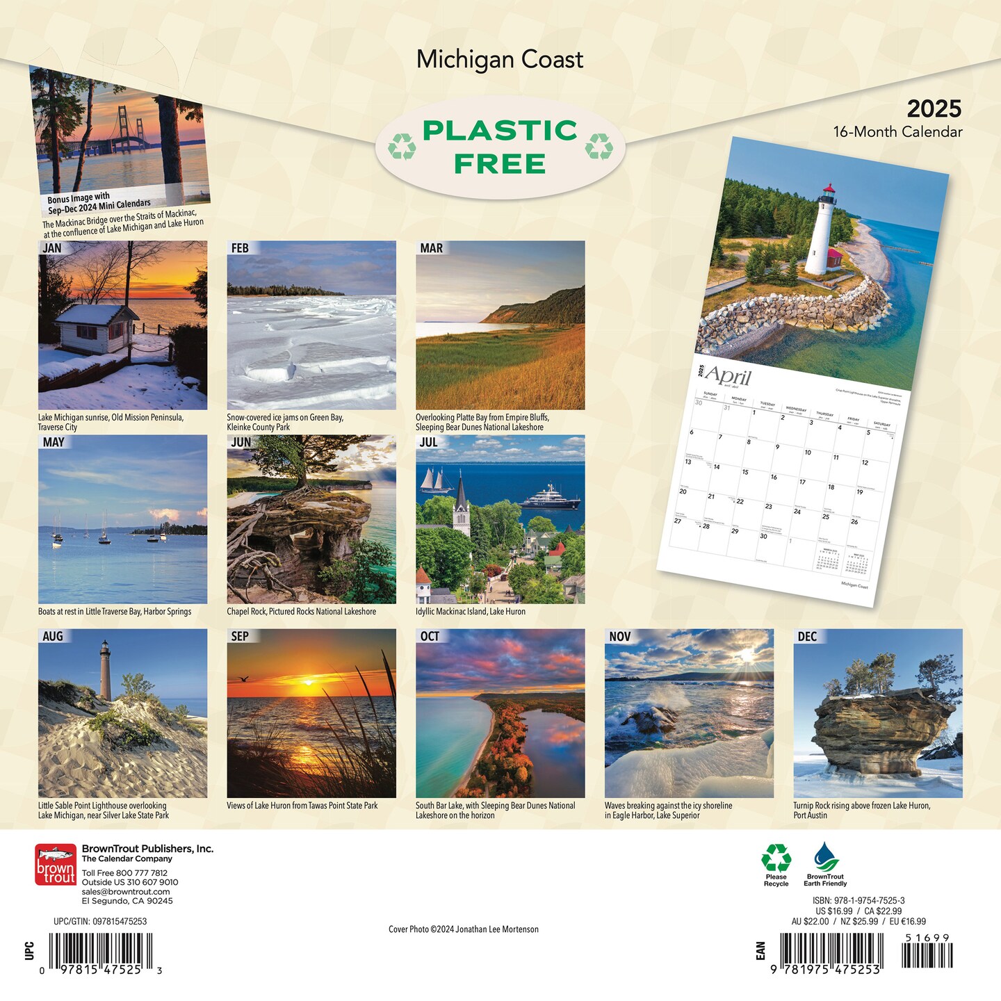 Michigan Coast | 2025 12 x 24 Inch Monthly Square Wall Calendar | Plastic-Free | BrownTrout | USA United States of America Midwest State Nature