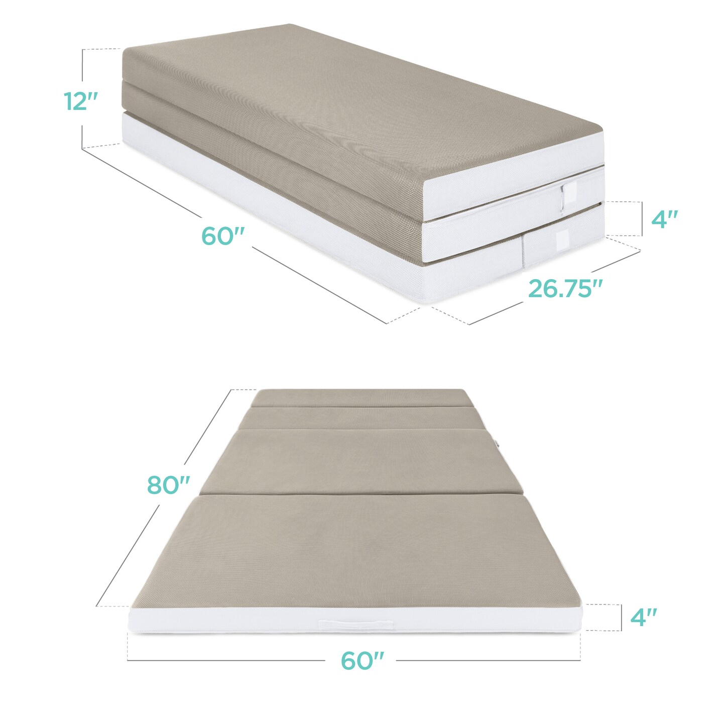 Best Choice Products 4in Thick Folding Portable Taupe Mattress Topper w/ Carry Case, Washable Cover