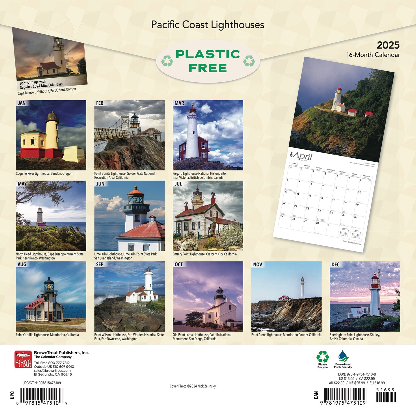 Pacific Coast Lighthouses | 2025 12 x 24 Inch Monthly Square Wall Calendar | Plastic-Free | BrownTrout | USA United States of America West Coast Scenic Nature