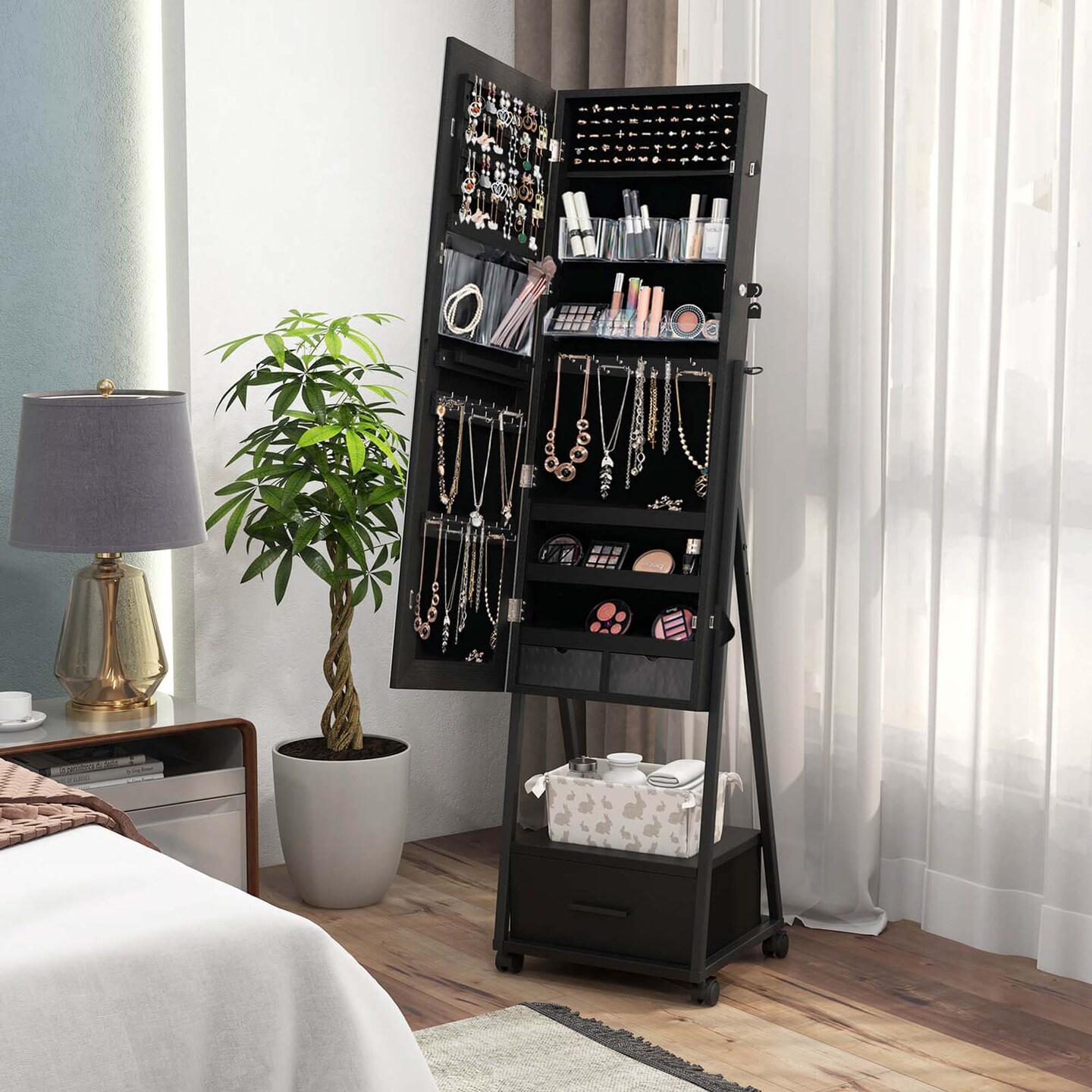 Costway Jewelry Cabinet Armoire Full Length Mirror Lockable with Bottom Drawer &#x26; Wheels White/Coffee/Black