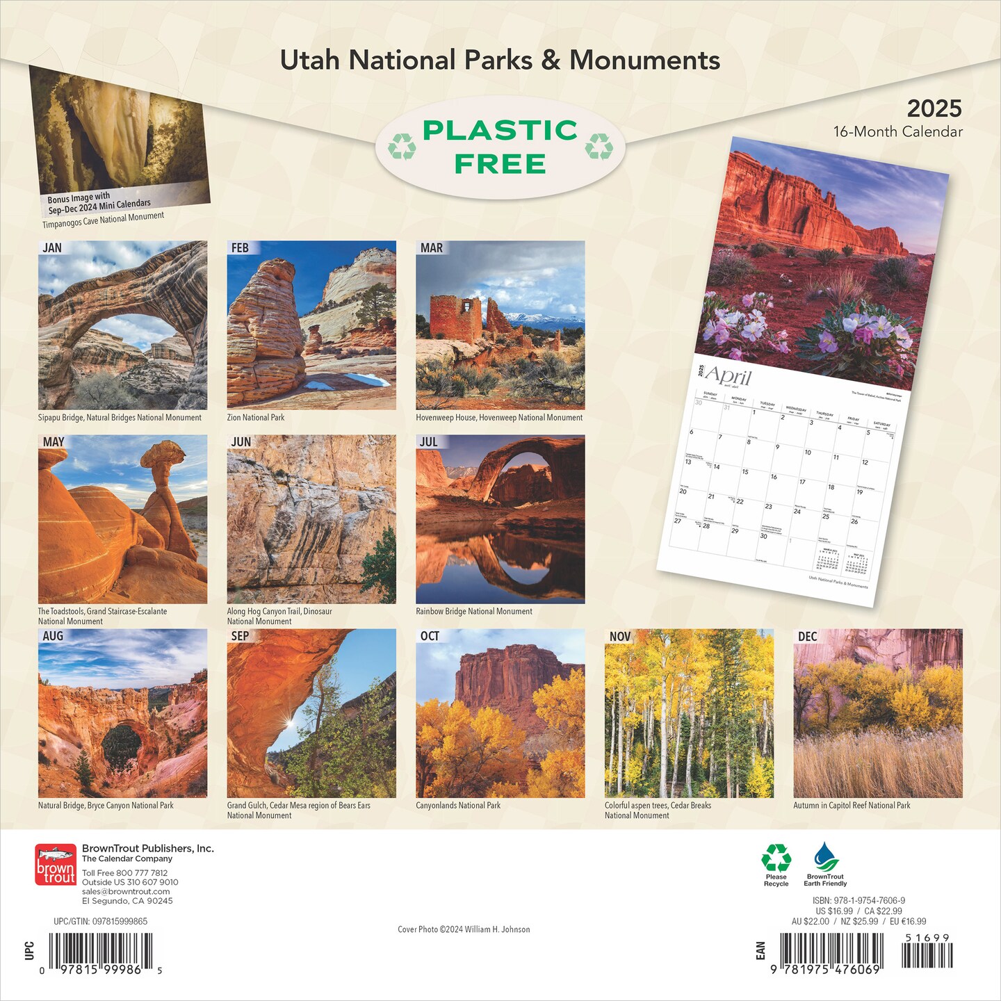 Utah National Parks &#x26; Monuments | 2025 12 x 24 Inch Monthly Square Wall Calendar | Plastic-Free | BrownTrout | USA Natural Bridges Mesa Verde Golden Spike
