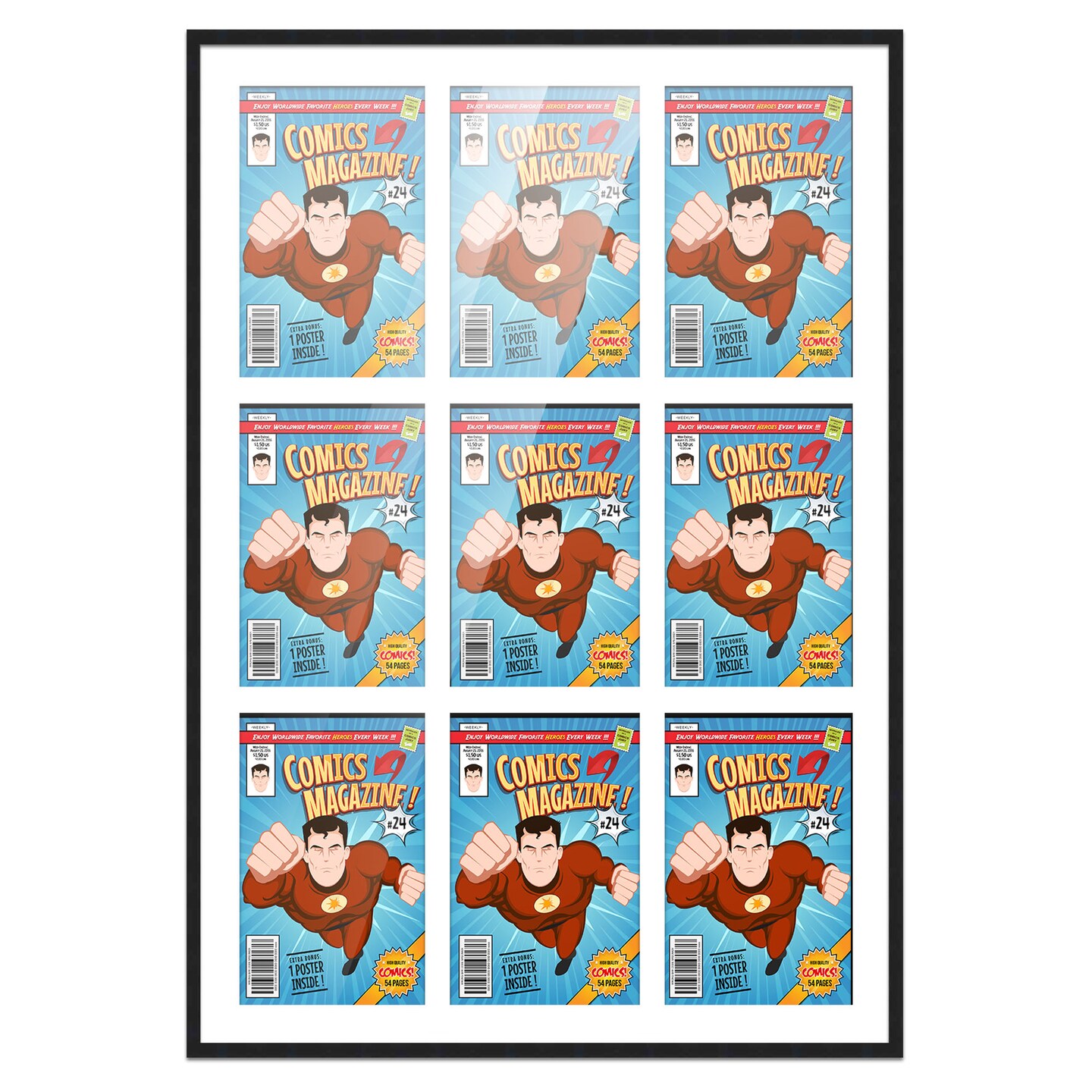 Comic Book Display Frame for Current Era Comic Published After 1985 - Black Wood Comic Frame With White Mat for 6.875x10.5 Comic, 18 Frame Sizes