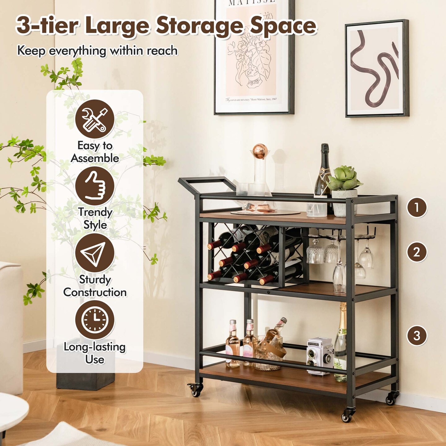 Costway 3-tier Bar Cart on Wheels Home Kitchen Serving Cart with Wine Rack & Glass Holder Rustic Brown/Brown