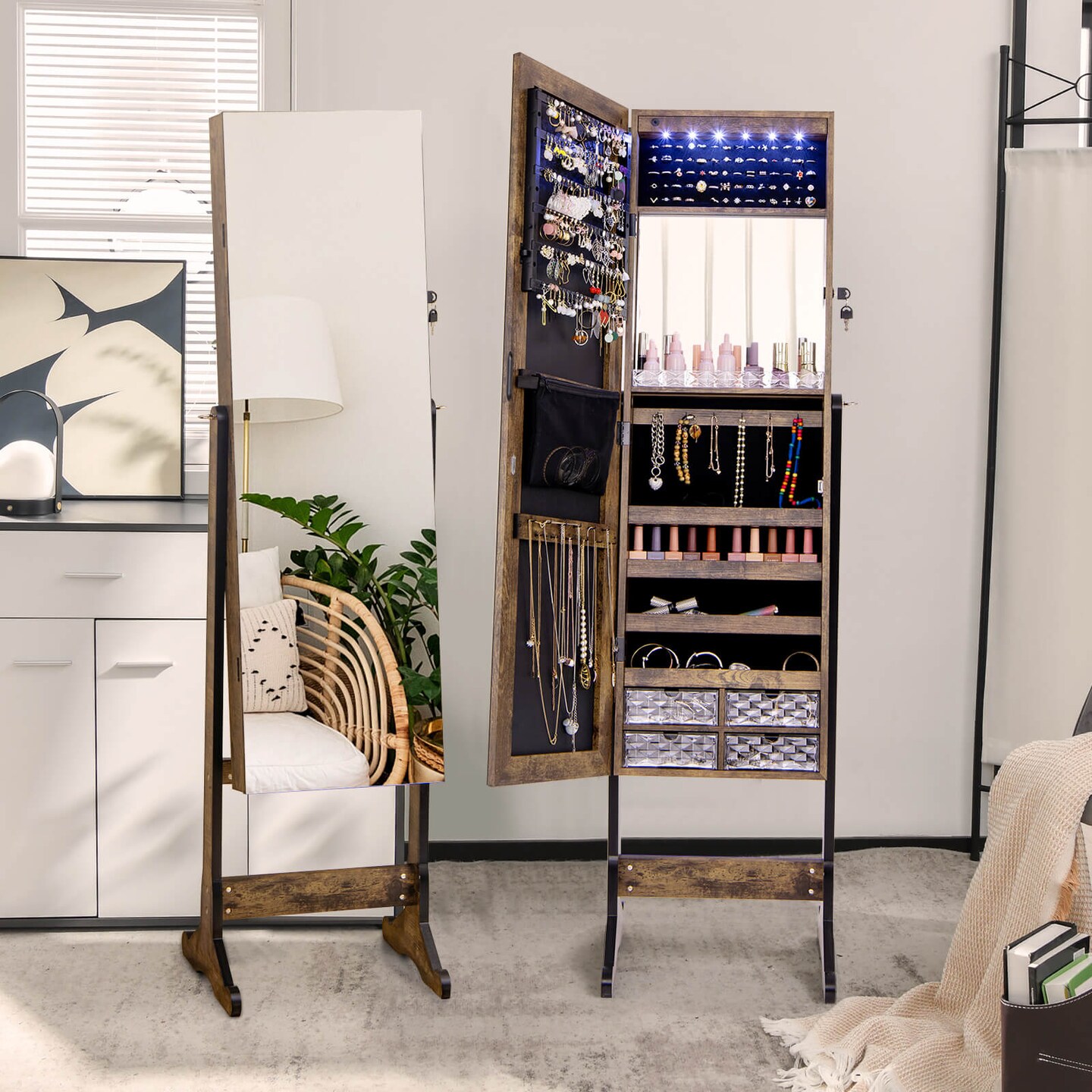 Costway Jewelry Cabinet Armoire Full Length Frameless Mirror Lockable with Lights White/Black/Rustic Brwon
