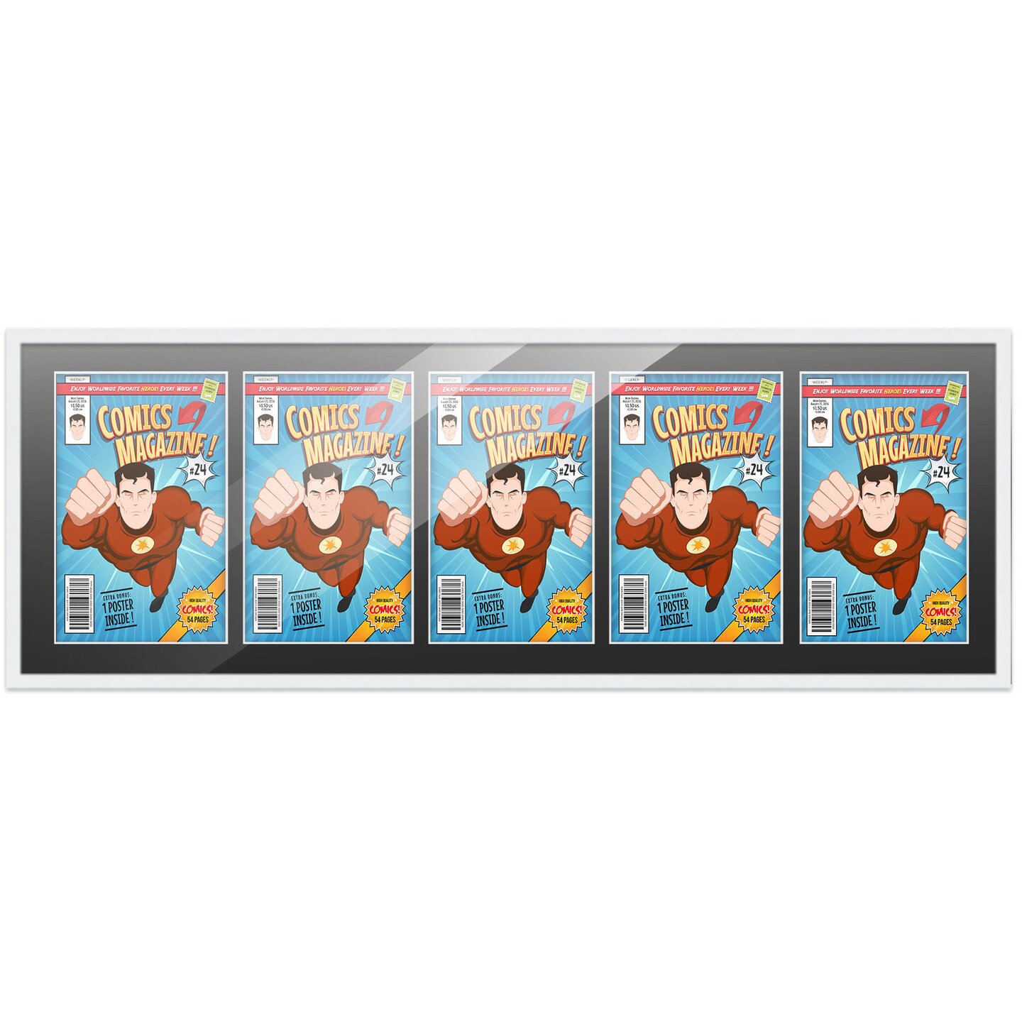 Comic Book Display Frame for Current Era Comic Published After 1985 - White Wood Comic Frame With Black Mat for 6.875x10.5 Comic, 18 Frame Sizes