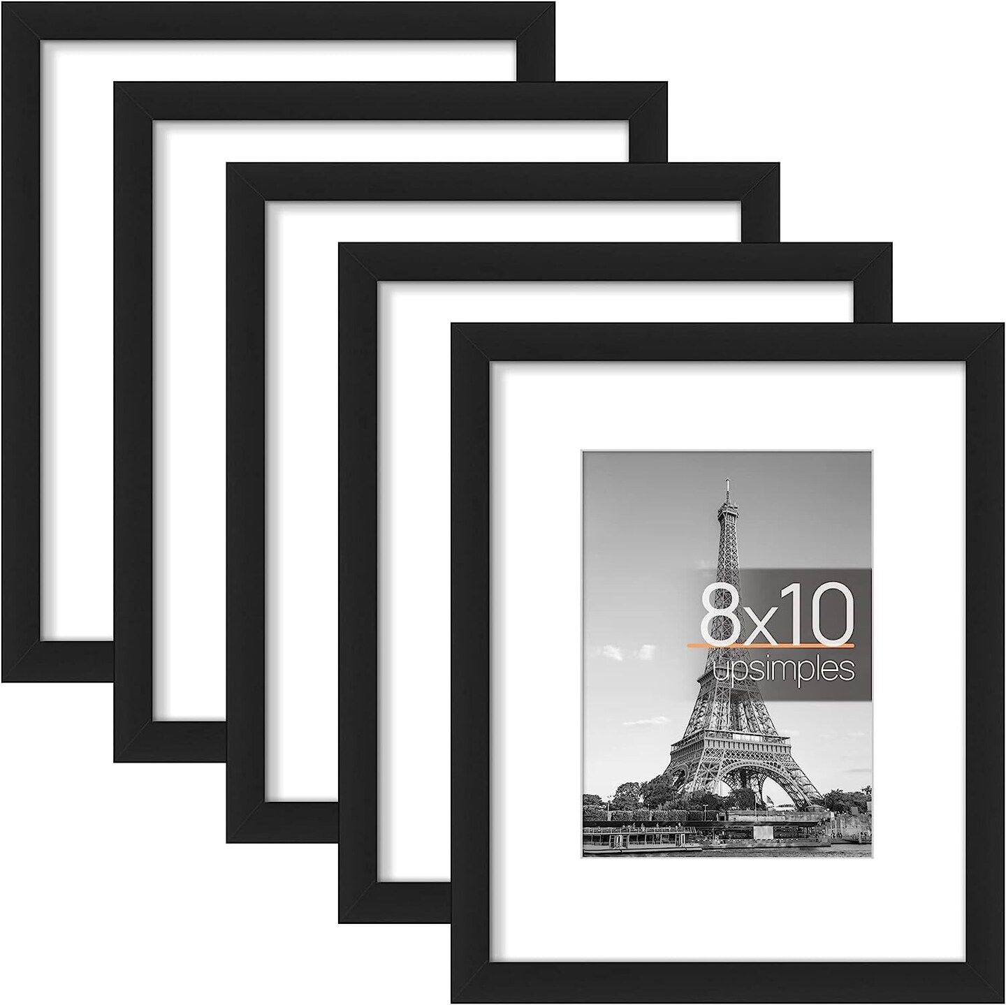 8x10 Picture Frame Set of 5, Display Pictures 5x7 with Mat or 8x10 Without Mat, Wall Gallery Photo Frames in Black