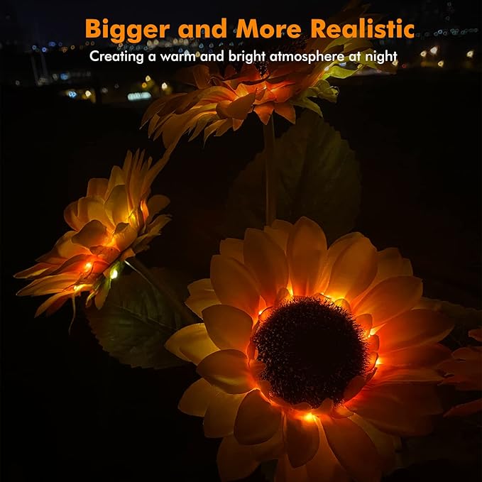 Solar Sunflower Lights, 800mA Solar Garden Light with Realistic Flowers. Outdoor Waterproof Solar Stake Lights for Backyard, Flower Bed, Pathway, Patio, Porch, Spring Decoration (2 Pack).