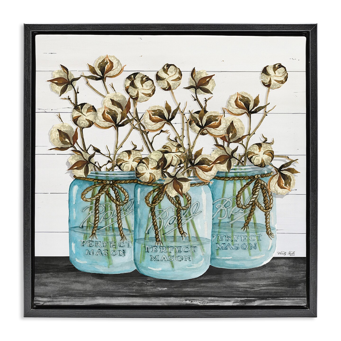 Stupell Industries Cotton in Rustic Jars Framed Floater Canvas Wall Art