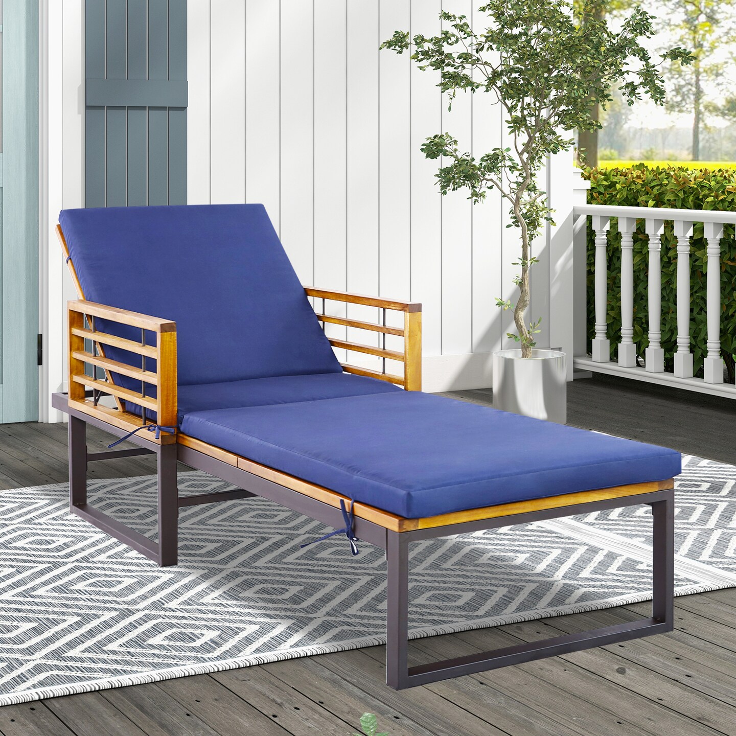 Costway Patio Cushioned Chaise Lounge Chair Adjustable Reclining Lounger Navy 800 lbs