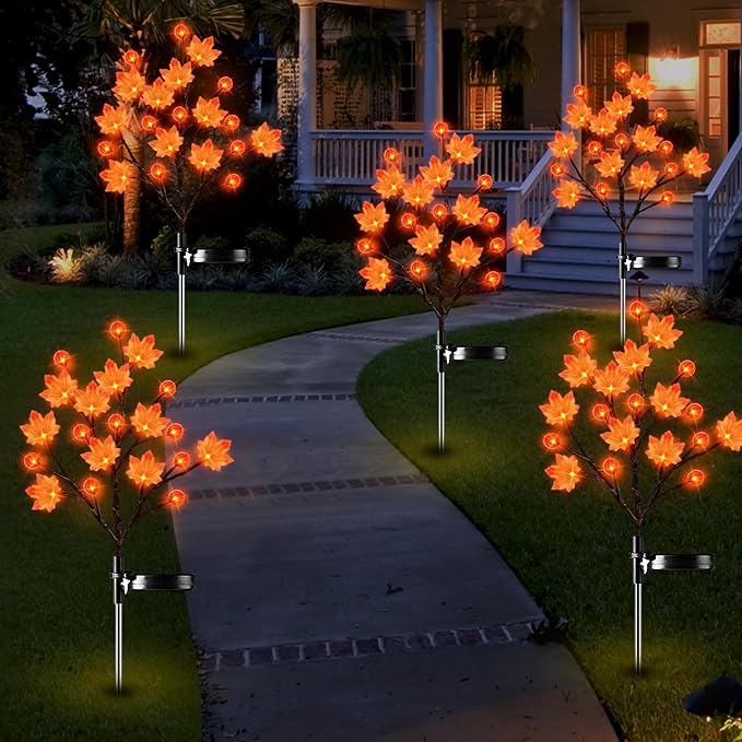 2 pack of solar outdoor lights for fall and Thanksgiving decorations. Outdoor Solar Lights with 3D Maple Pumpkin Lights, Two Modes Fall Thanksgiving Lights Outdoor Solar Lights Waterproof for Yard Decoration