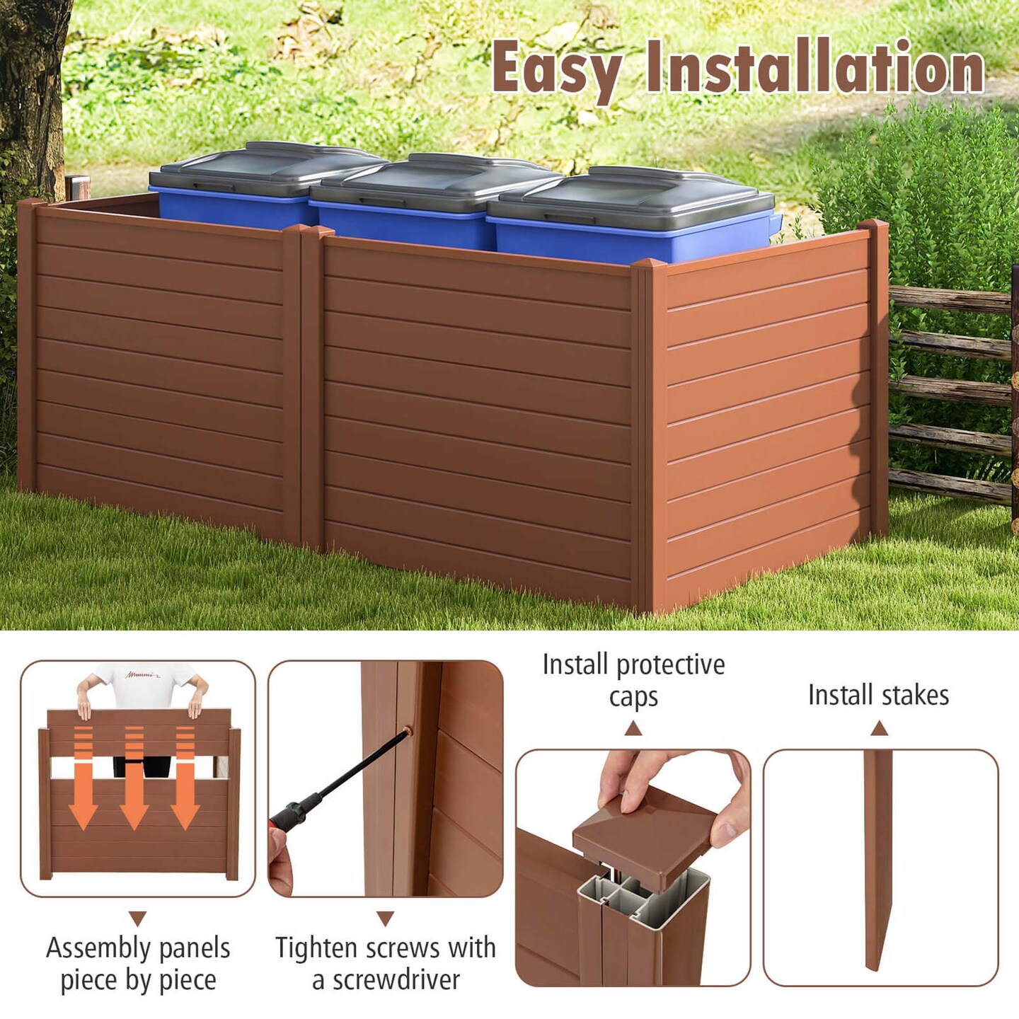 Costway 2/4 Pack 48&#x22; x 37.5&#x22; Air Conditioner Fence Screen Panel Kit with 3 Ground Stakes Brown