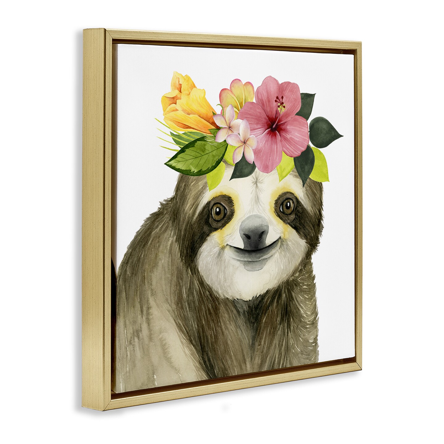 Stupell Industries Smiling Sloth in Flower Crown Framed Floater Canvas Wall Art