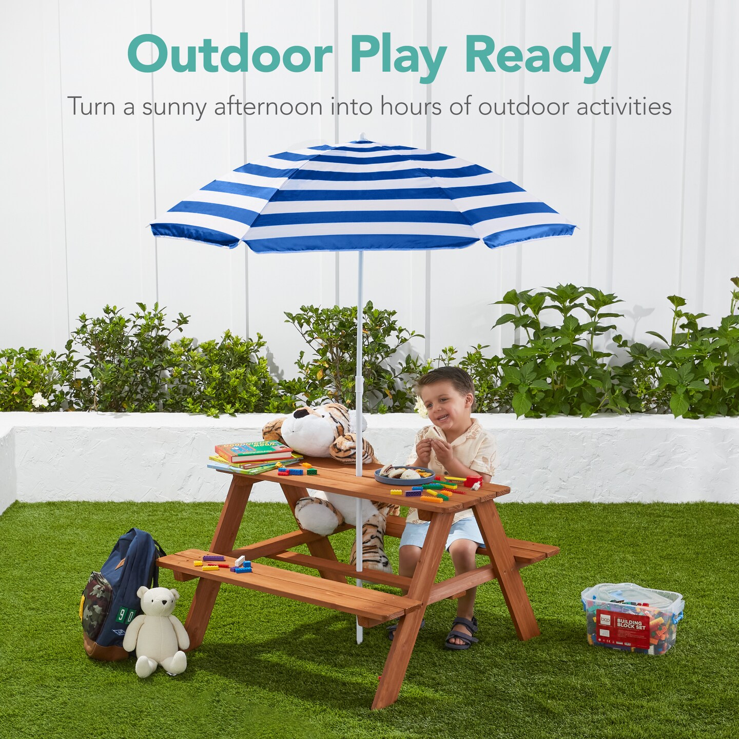 Best Choice Products Kids Wooden Picnic Table, Outdoor Activity Table w/ Adjustable Umbrella, Seats