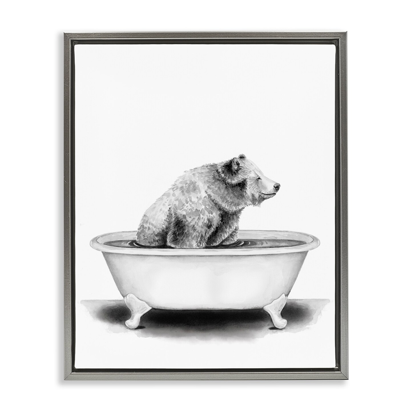 Stupell Industries Bear In Tub Rustic Bathroom Drawing Framed Floater Canvas Wall Art