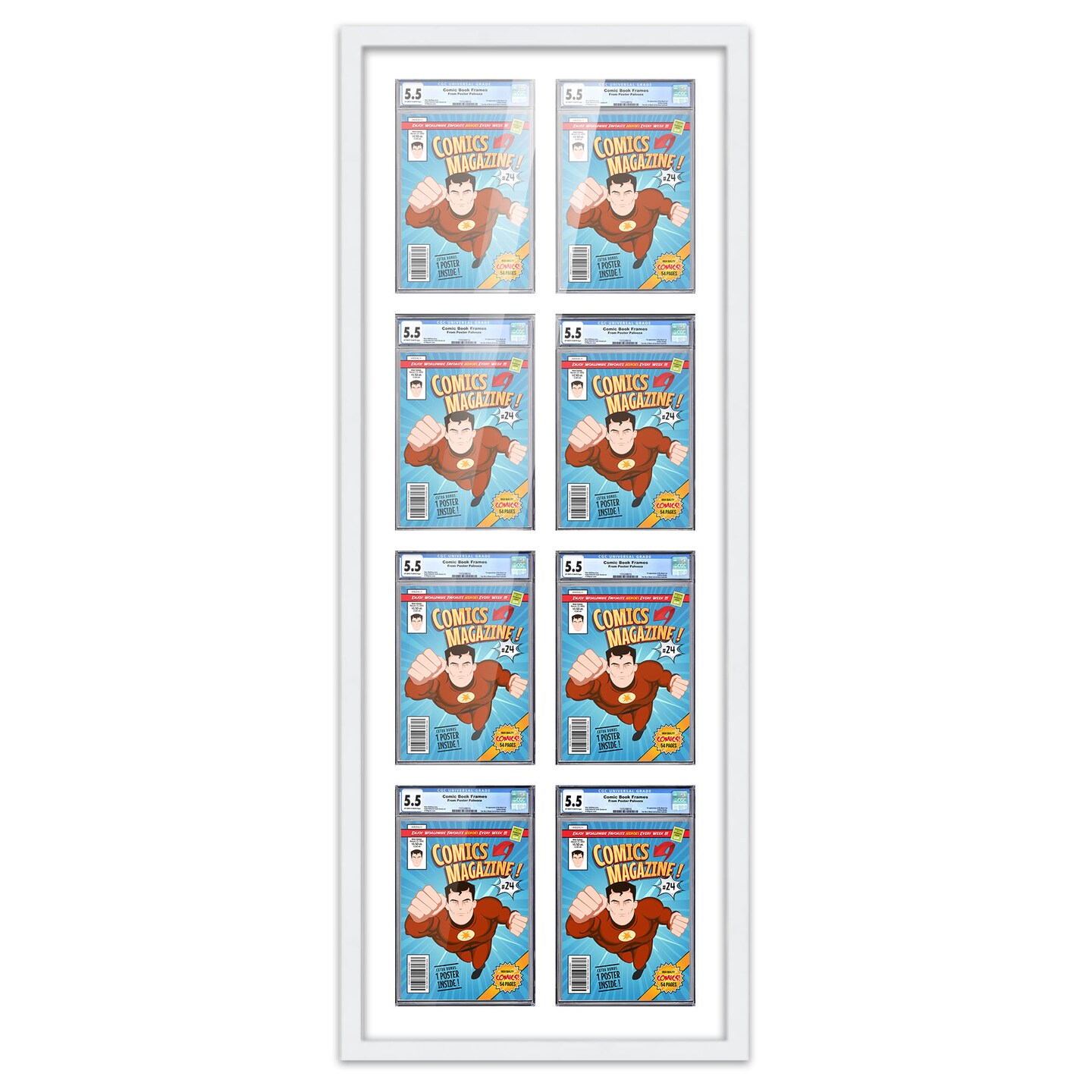Comic Book Display Frame for Graded Comics - White Wood Comic Frame With White Mat for 8.125x13 Comics, 18 Frame Sizes