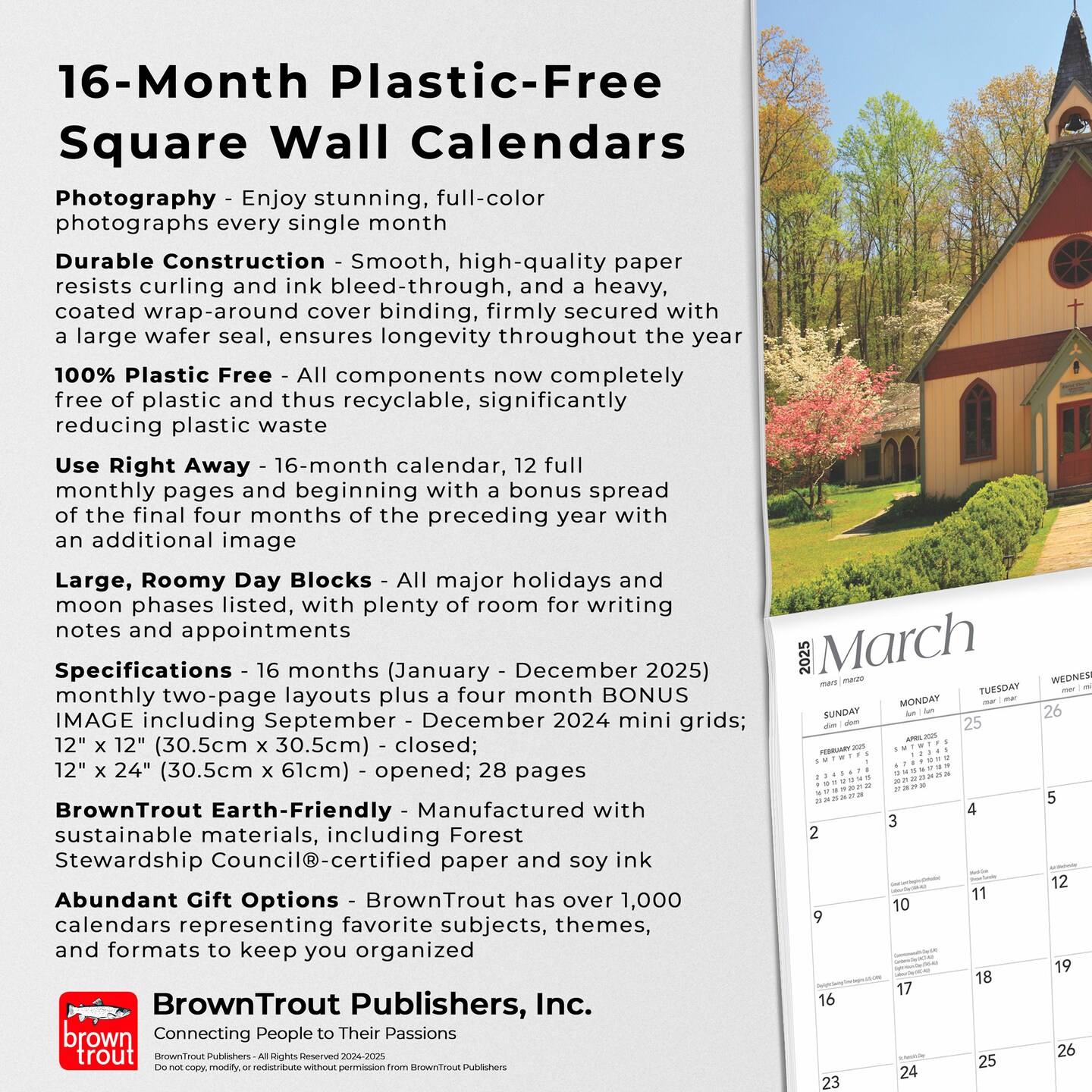 Volunteer State | Tennessee Places | 2025 12 x 24 Inch Monthly Square Wall Calendar | Plastic-Free | BrownTrout | USA United States of America Southeast State Nature