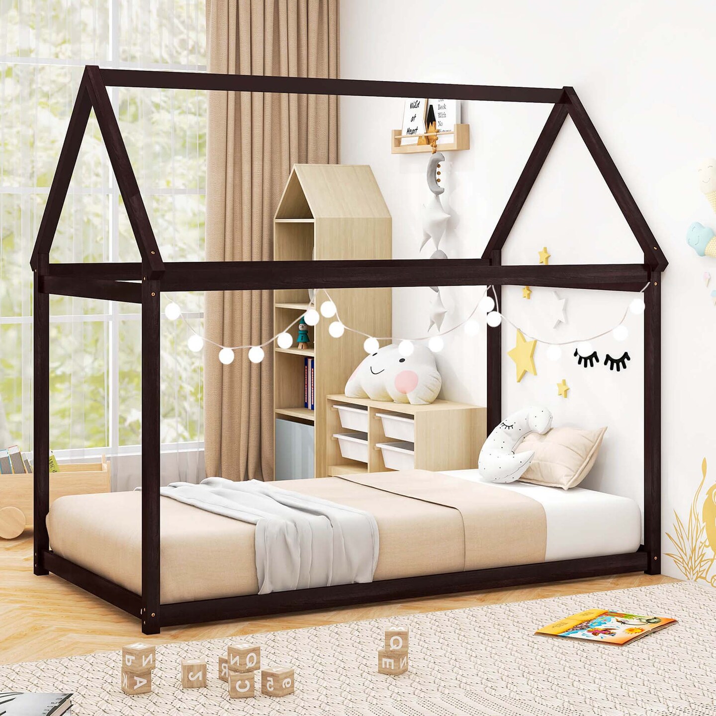 Costway Twin House Bed Wood Frame w/ Roof for Kids Toddler No Box Spring