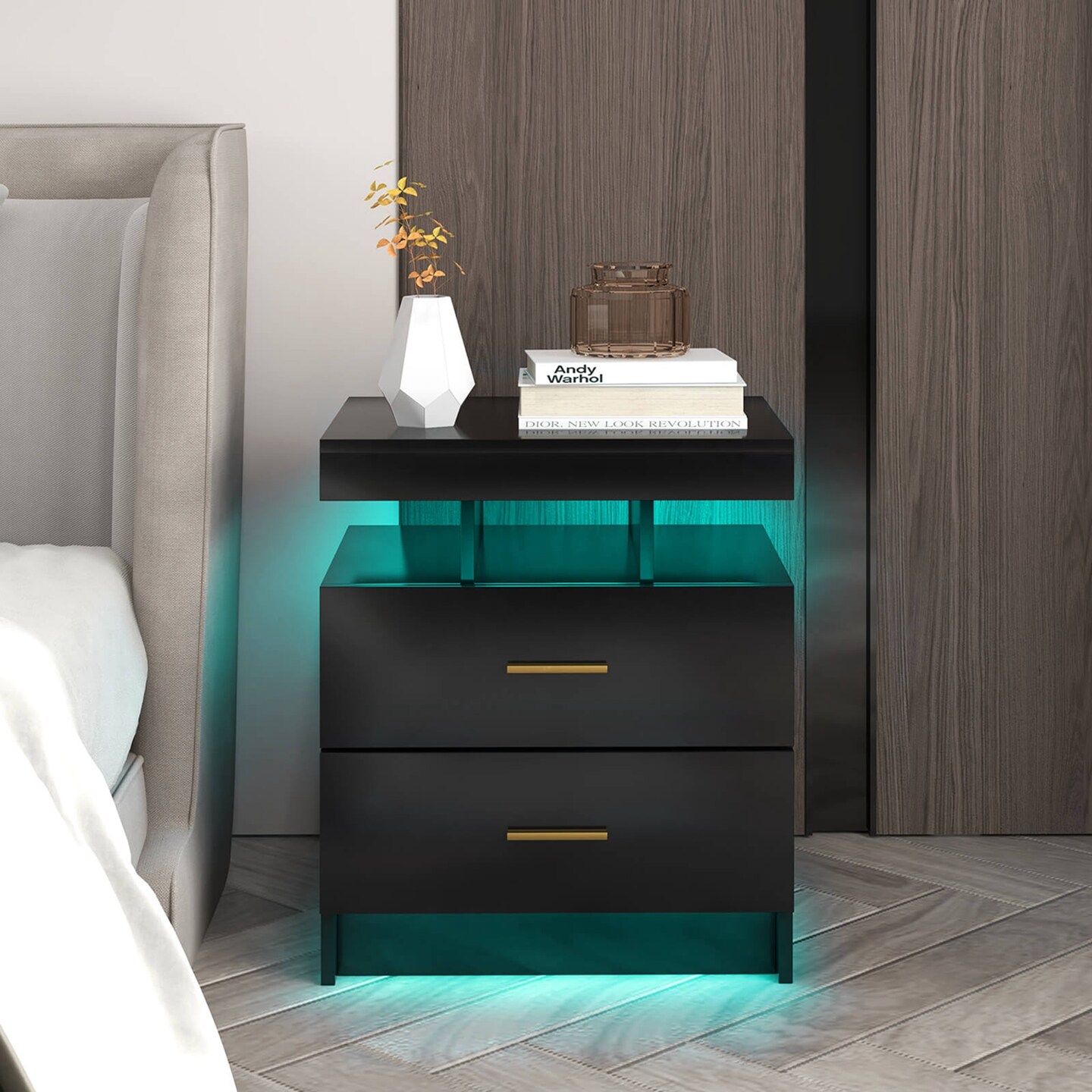 Costway LED Nightstand Set of 1/2 with 2 Storage Drawers Adjustable Light Mode Remote Control