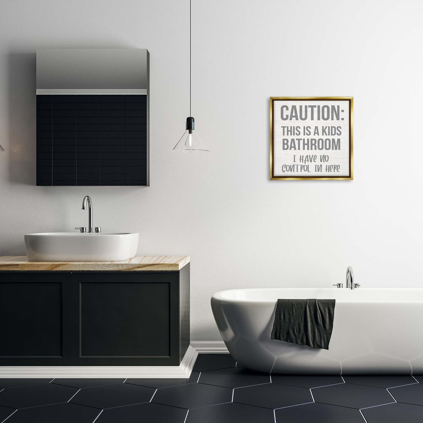 Stupell Industries Funny Caution Kid's Bathroom Framed Floater Canvas Wall Art
