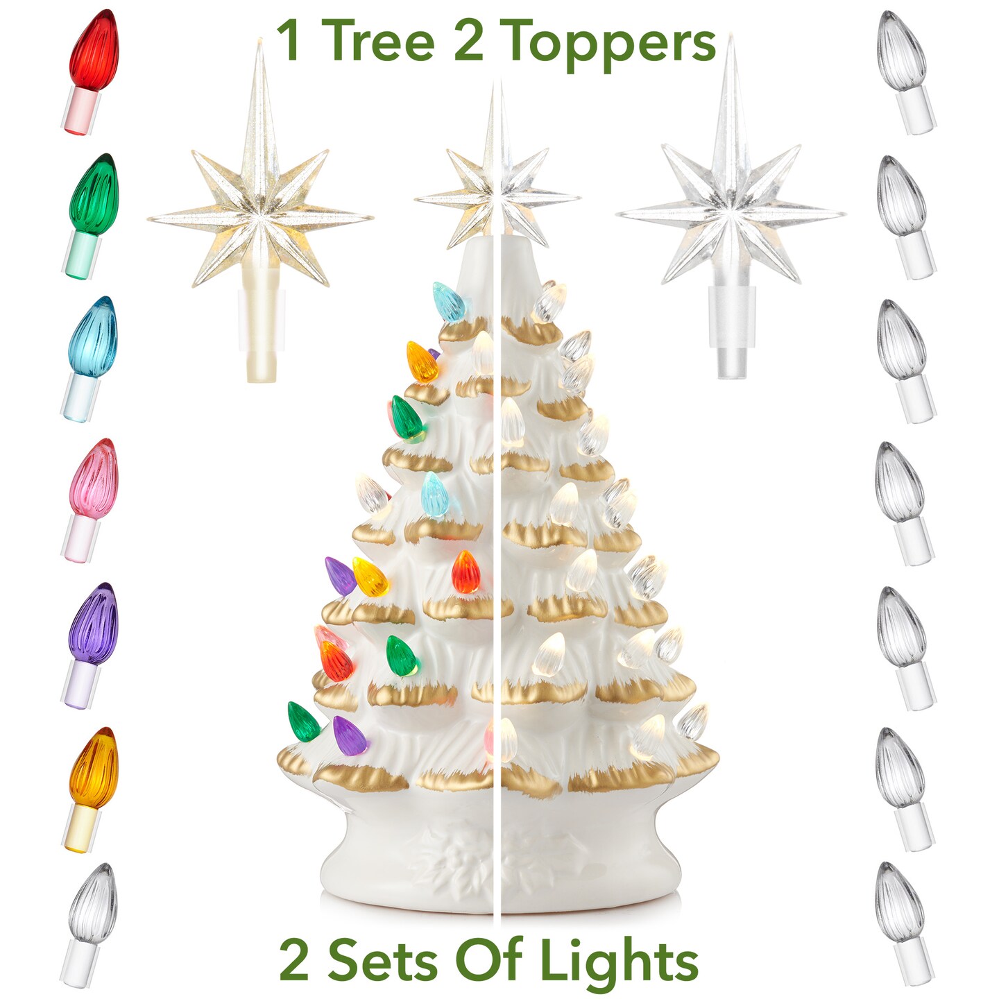 Casafield Hand Painted Ceramic Christmas Tree, 12-Inch Pre-Lit Tree with 100 Multi Color Lights and 2 Star Toppers