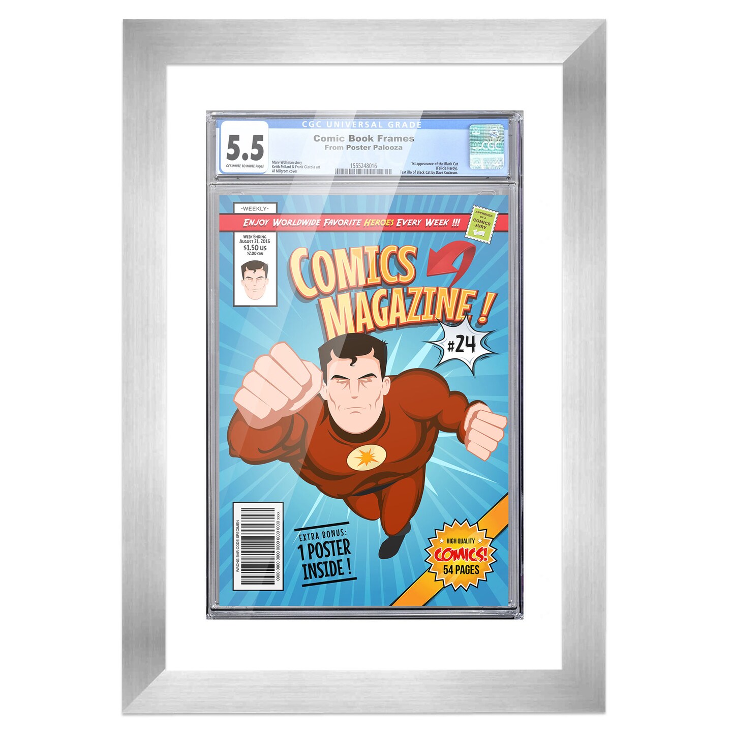 Comic Book Display Frame for CGC, PGX Graded, Slabed Comics - Silver Wood Comic Frame With White Mat for 8.125x13 Comics, 18 Frame Sizes