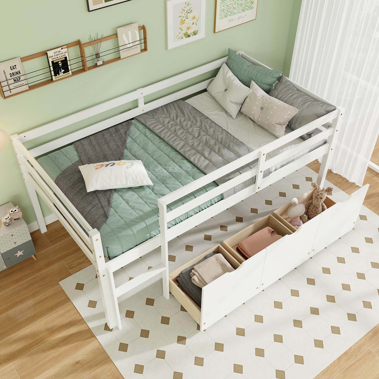 Costway Twin Size Low Loft Bed with 3 Drawers Ladder & Full-length Guardrails Storage White/Grey