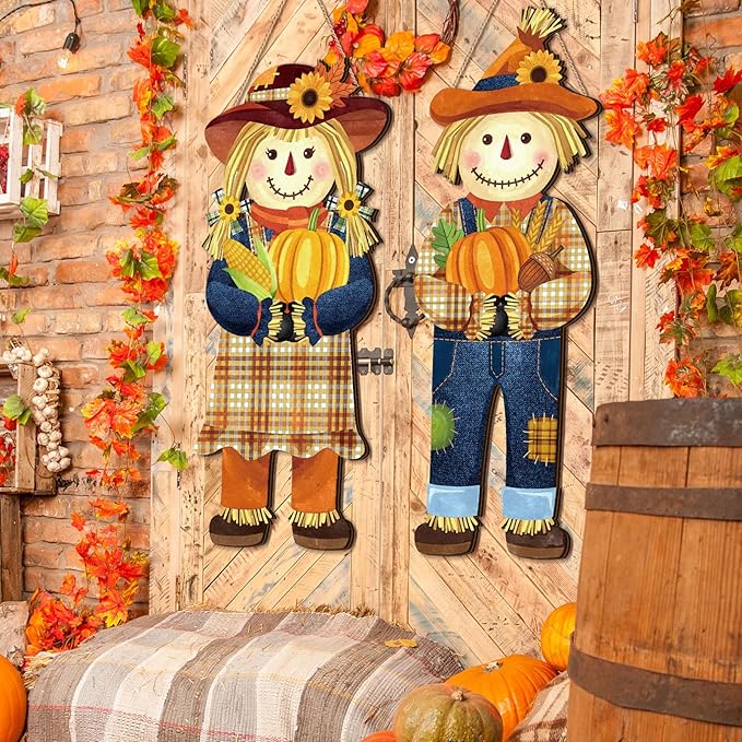 2 Pcs Fall Welcome Sign for Front Porch, Outdoor Thanksgiving Hanging Scarecrow Decorations Farmhouse Wooden Door Sign for Home Front Door Porch Wall Harvest, 10 x 27.5 inches.