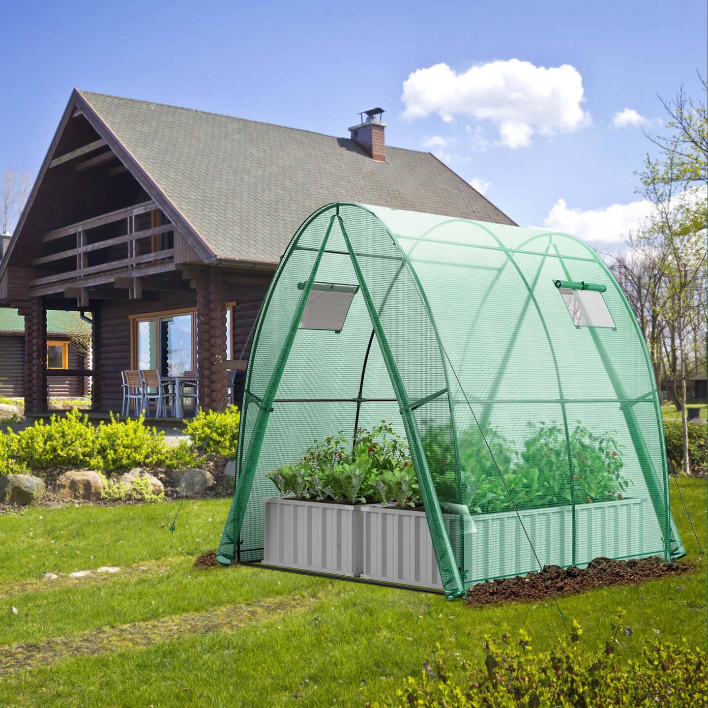 Costway Portable Greenhouse with 2 Zippered Doors 2 Roll-up Screen Windows 6 x 6 x 6.6 FT Green/White