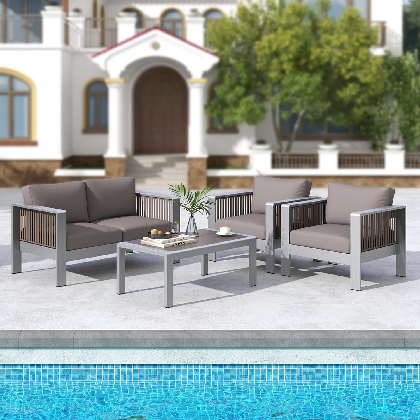 Costway 4 PCS Aluminum Patio Furniture Set with Thick Cushions &#x26; Tempered Glass Tabletop