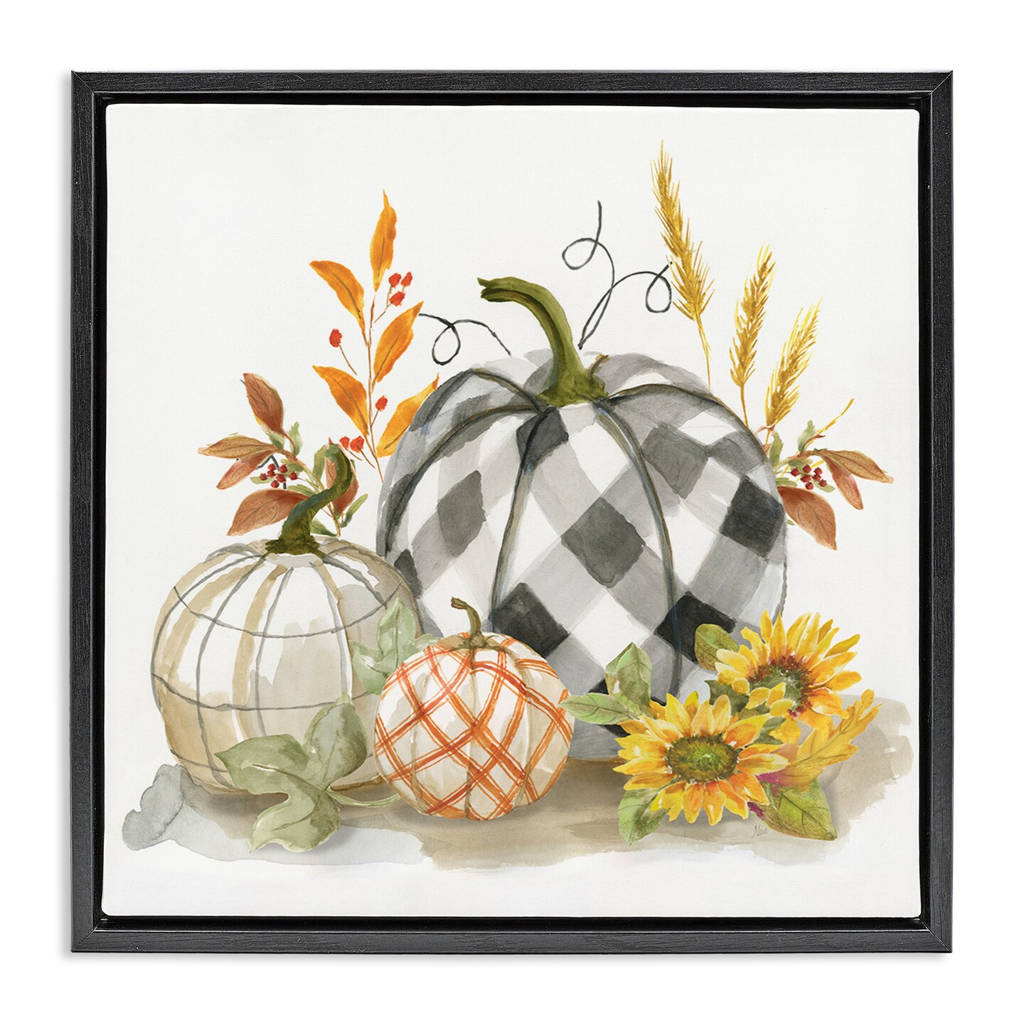 Stupell Industries Fall Patchwork Patterned Pumpkins Framed Floater Canvas Wall Art