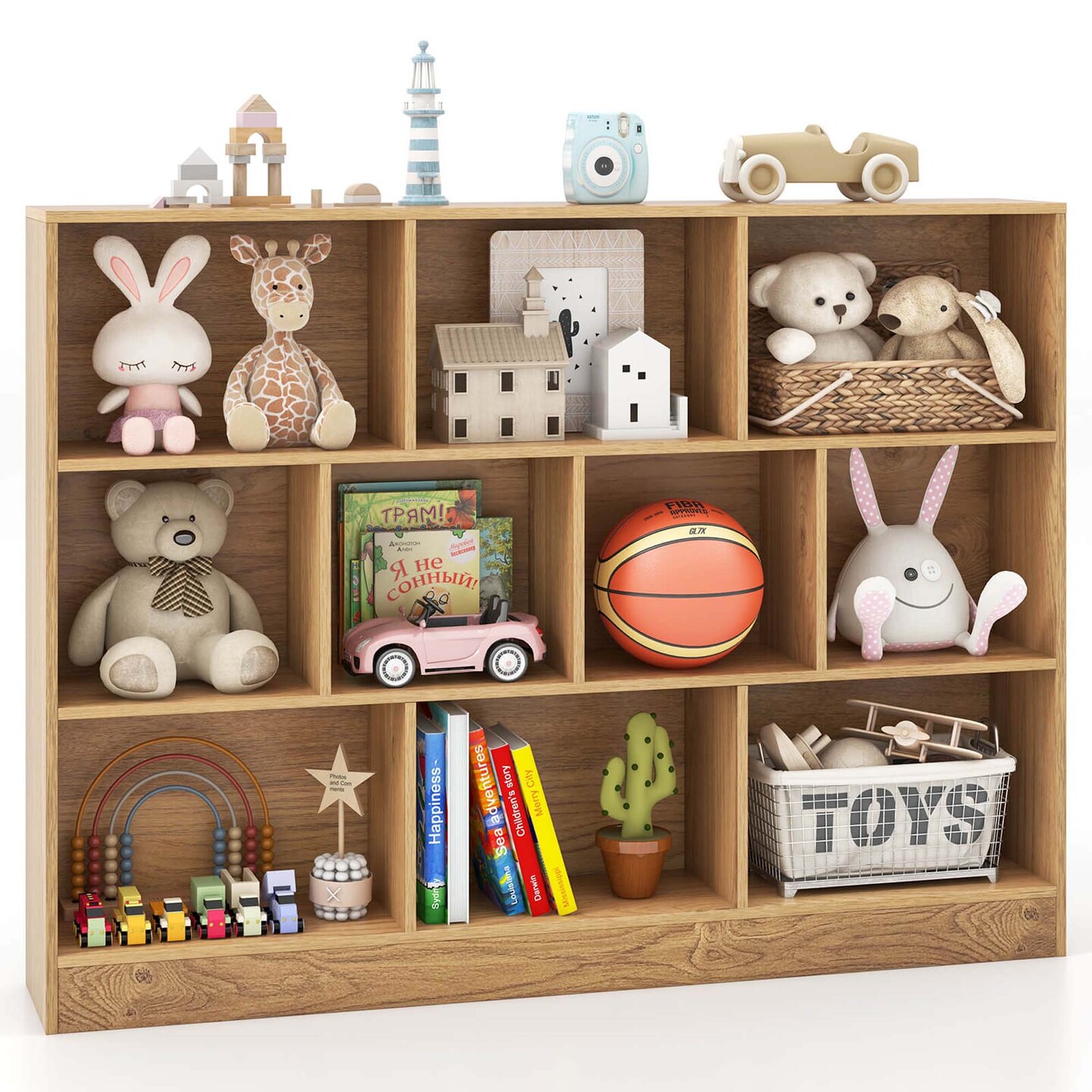 Costway 10-Cube Bookcase 41&#x22; Wooden Toy Storage Organizer for Kids Bookshelf White/Natural