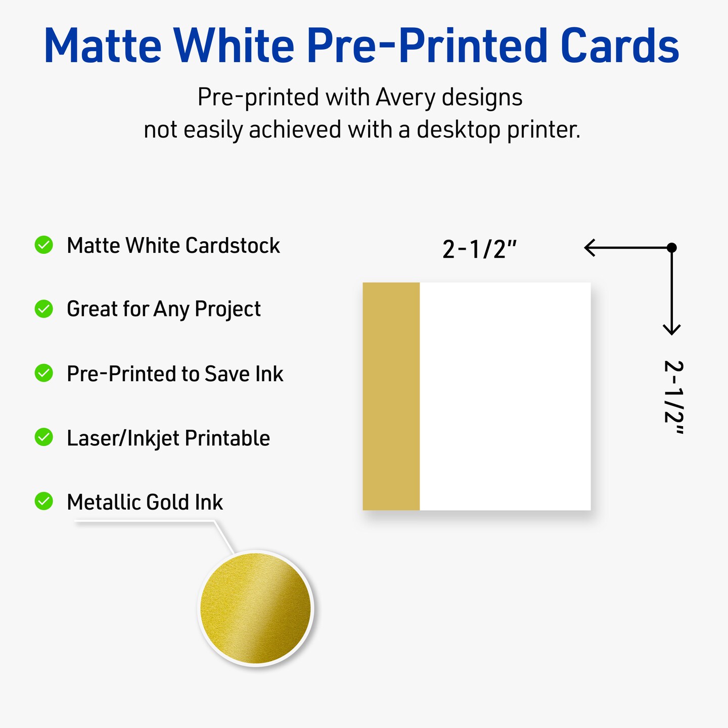Avery Printable Square Cards, Gold-Dipped Edge, 2.5&#x22; x 2.5&#x22;, Matte White Square Cards, Laser/Inkjet, 90ct, Great for Business Cards