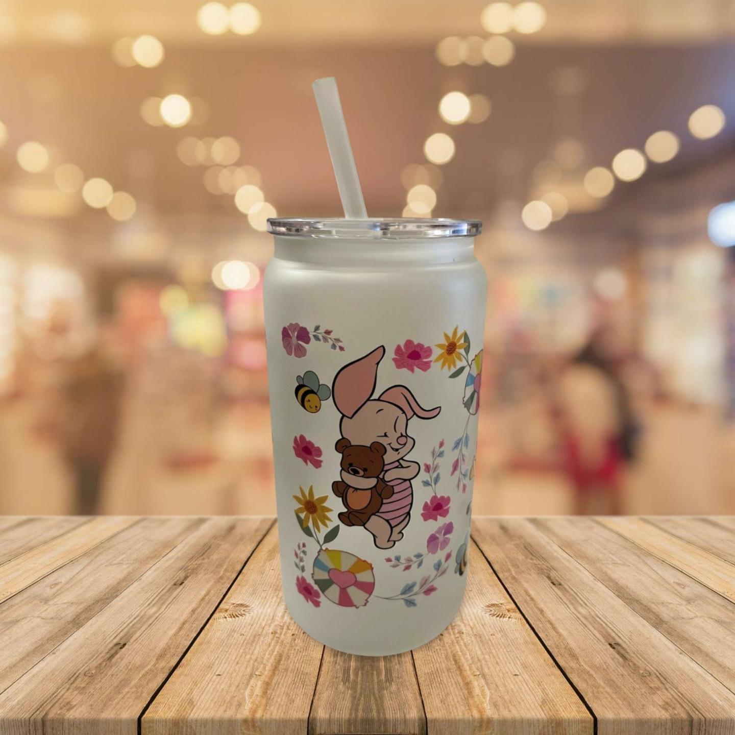 Sophisticated Sips: 16 oz Frosted Glass Can with Lid and Straw- Winnie the pooh product 2
