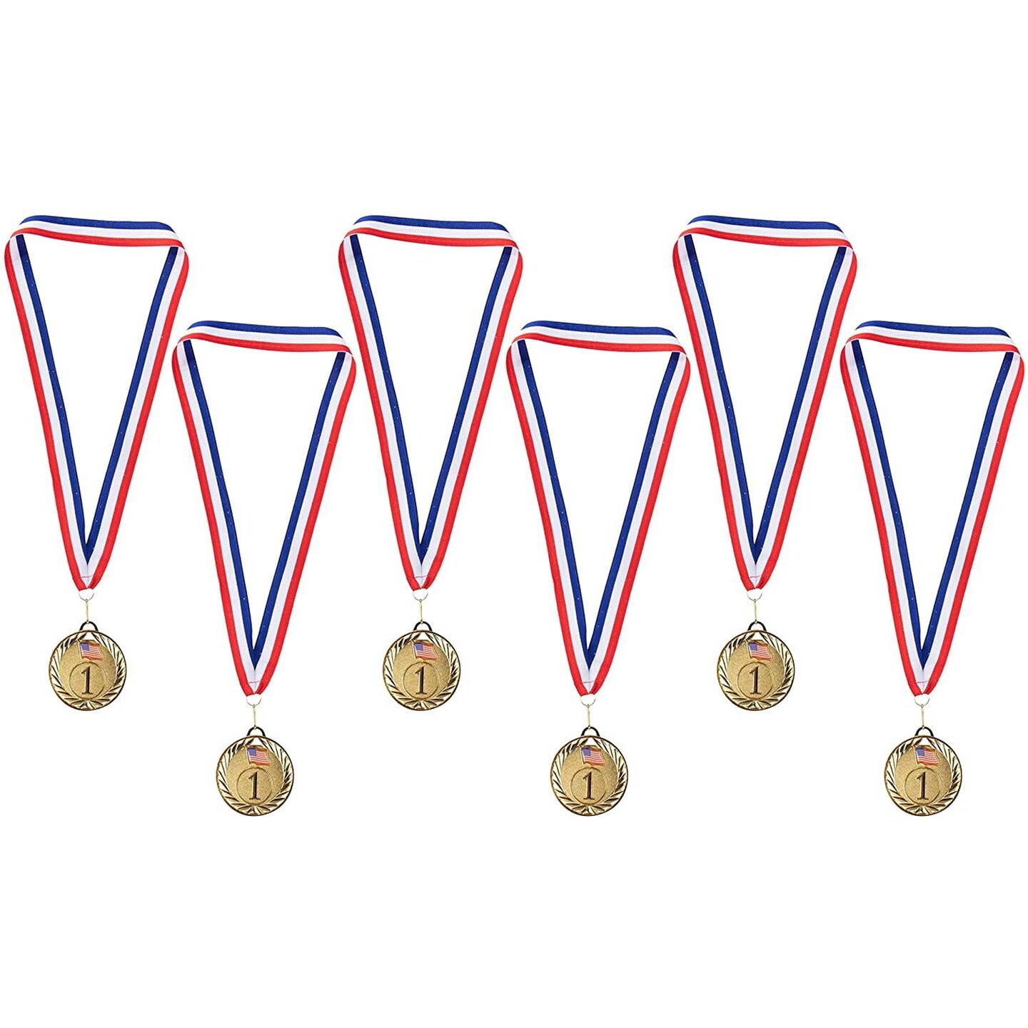 Juvale Gold Medals - 6-Pack Metal Winner Awards, Perfect for Sports, Competitions, Spelling Bees, Party Favors, 2.75 Inches Diameter with 16.3 Inch USA Ribbon