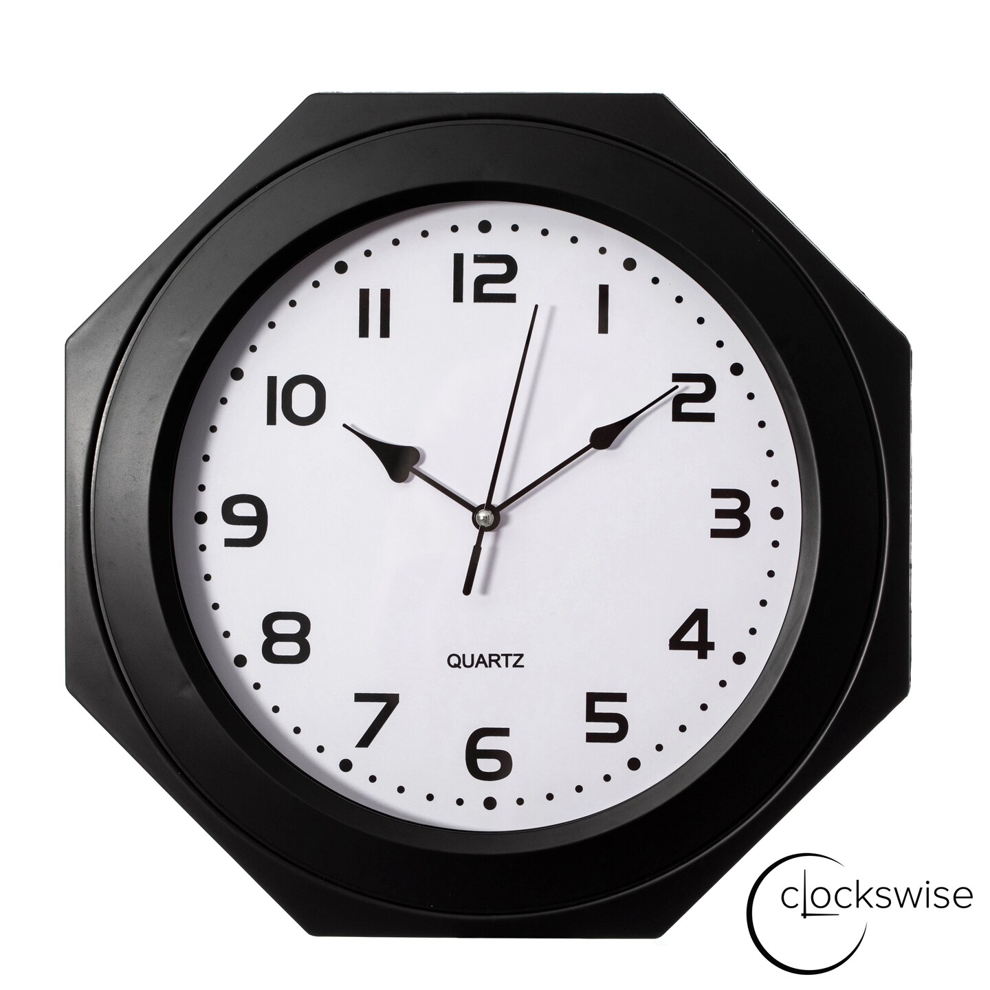 Clockswise Non-Ticking Octagon Plastic Analog Wall Clock - Elegant Decorative Accent for Home Décor in Bedroom, Bathroom, Living Room, Dining Room, Entryway, Hallway, Kitchen or Office, Black