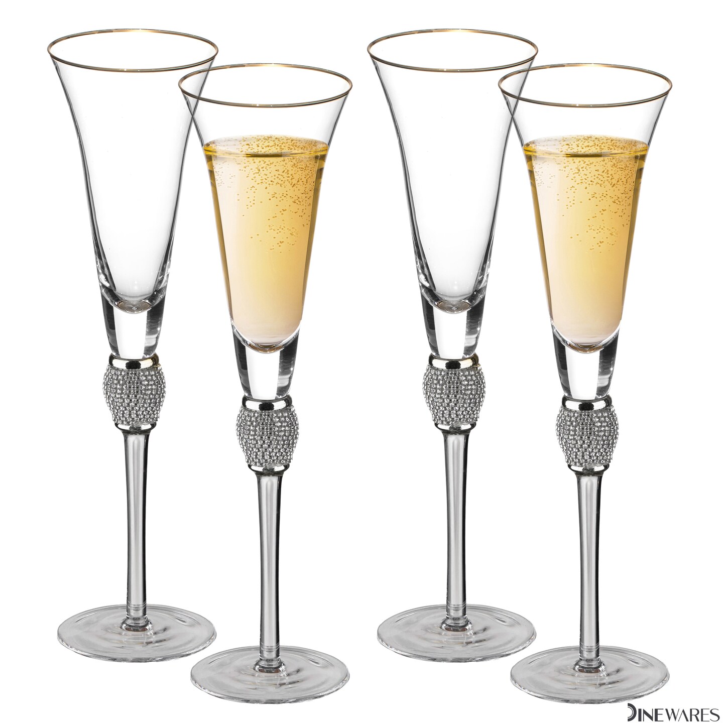 Elegant Crystal Set Wedding Champagne Glasses with Diamond Rhinestone Accents and a Polished Rim - 11 in Tall with Slender Long Stems, 7 oz - Chic Toasting Set for the Bride and Groom