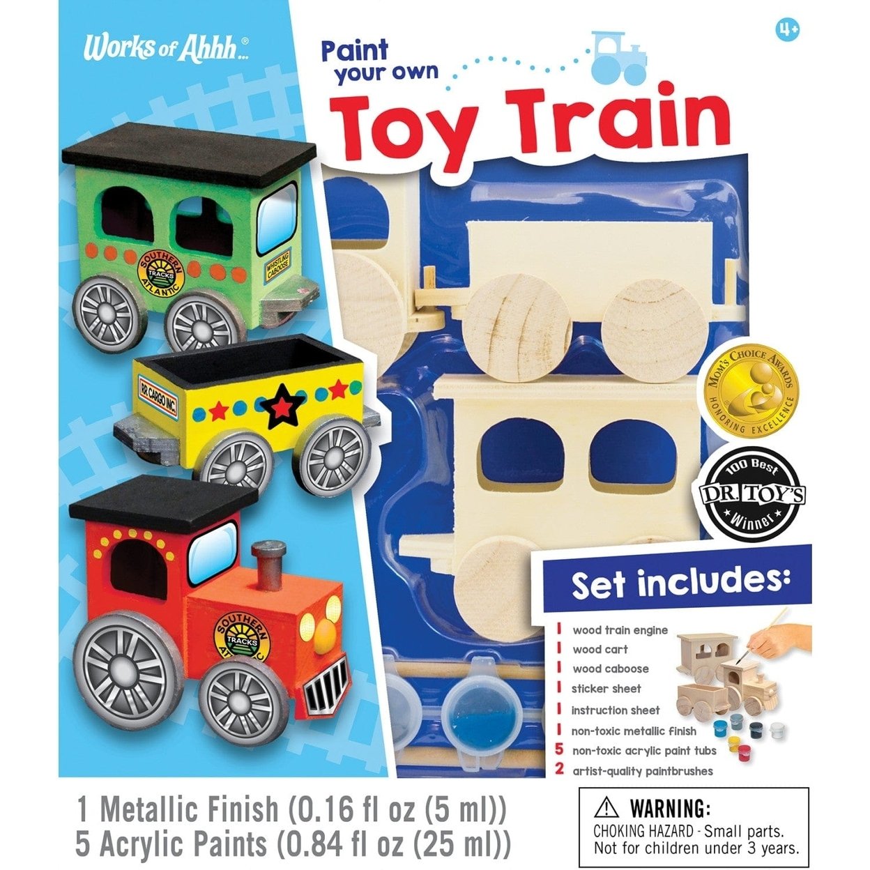 Wood Toy Train Craft And Paint Kit Non-Toxic Paints Brushes Sticker Sheet
