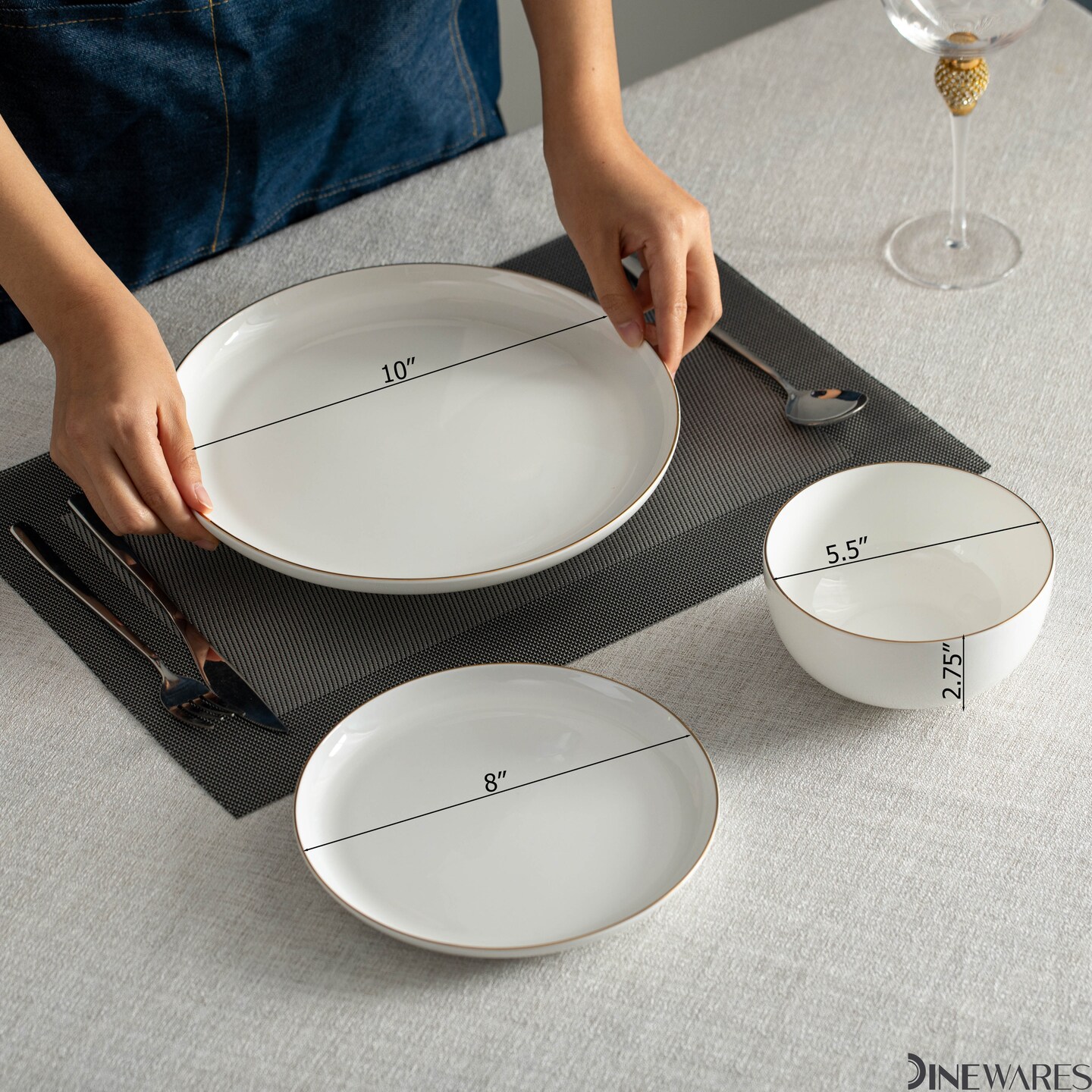 Perlaceo Luxurious Collection of White with Gold Rim Bone China Dinnerware Set - Lightweight and Durable - Service for 4 or 8, Including Dinner Plates, Salad Plates, and Cereal or Soup Bowls