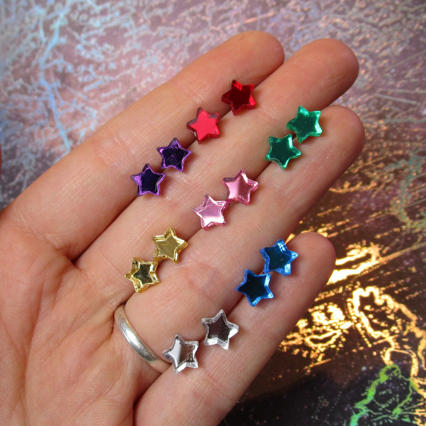 2 Pairs Little Shiny Mirror Stars Choose Your Favorite Colors Star Stud Earrings Set, Metal Free Hypoallergenic Plastic