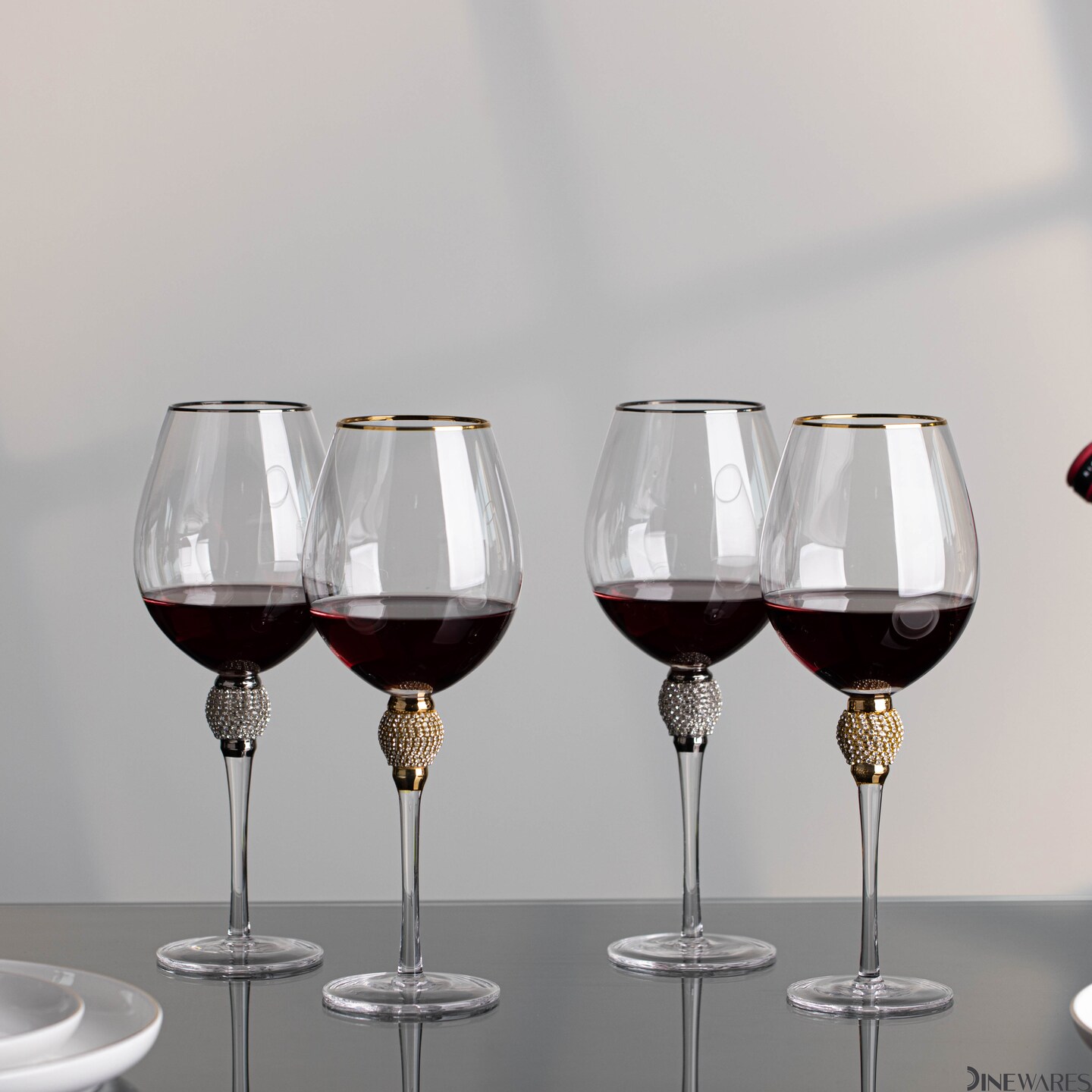 Rimmed Red Wine Glasses with Diamond Rhinestone Accent - 18 oz, 10 Inches Tall - Perfect Toasting Glasses for Bride and Groom, Great for Party, Wedding Anniversary and Special Occasion