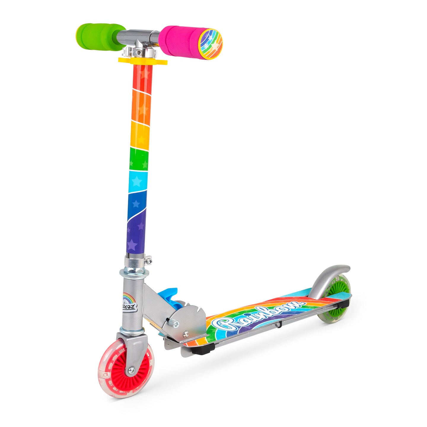 Ozbozz: Flashing Scooter - Rainbow - Light-Up Wheels & Deck, Adjustable Height, 2 Wheel Outdoor Ride-On, Foam Handles, Foldable, 100lb Limit, Kids 5+