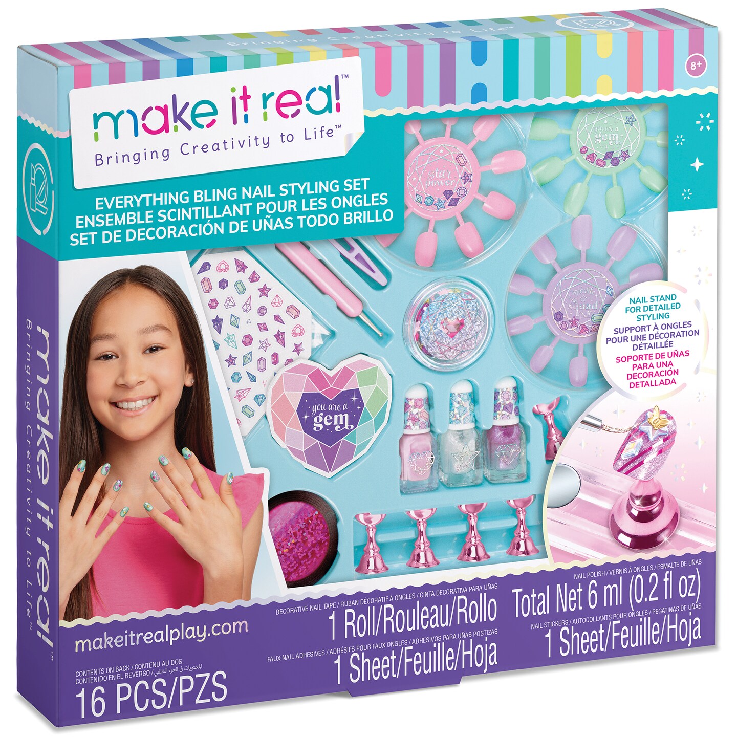 Make It Real: Everything Bling Nail Styling Set - 16pc, DIY Nail Art Customization, Polish-Stickers-Gems-Faux Nails, Detailing Stand, Girls & Kids 8+