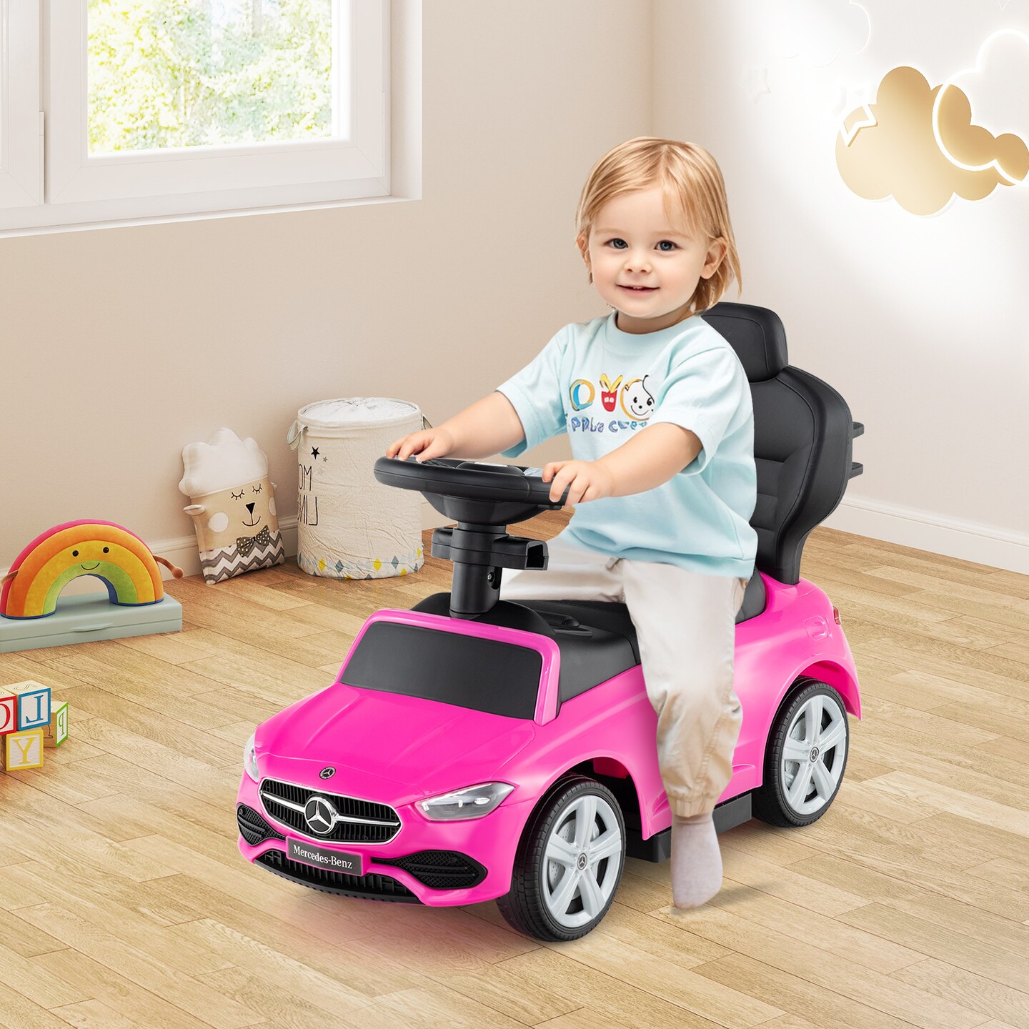 Kids 3-in-1 Push Car with Canopy and Engine Sounds for Fun Riding