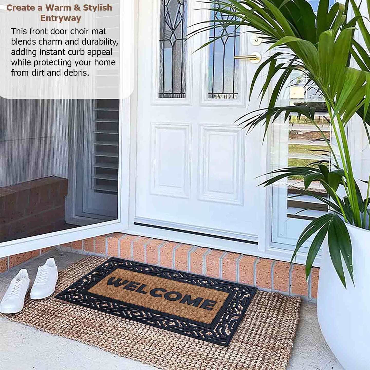 Gardenised Heavy Duty Coco Coir Doormat Non Slip PVC Baking Embossed Welcome Design Natural Coconut Fiber Floor Mat for Front Door Porch Patio Entryway Garage Mudroom & Outdoor Use 18x30"