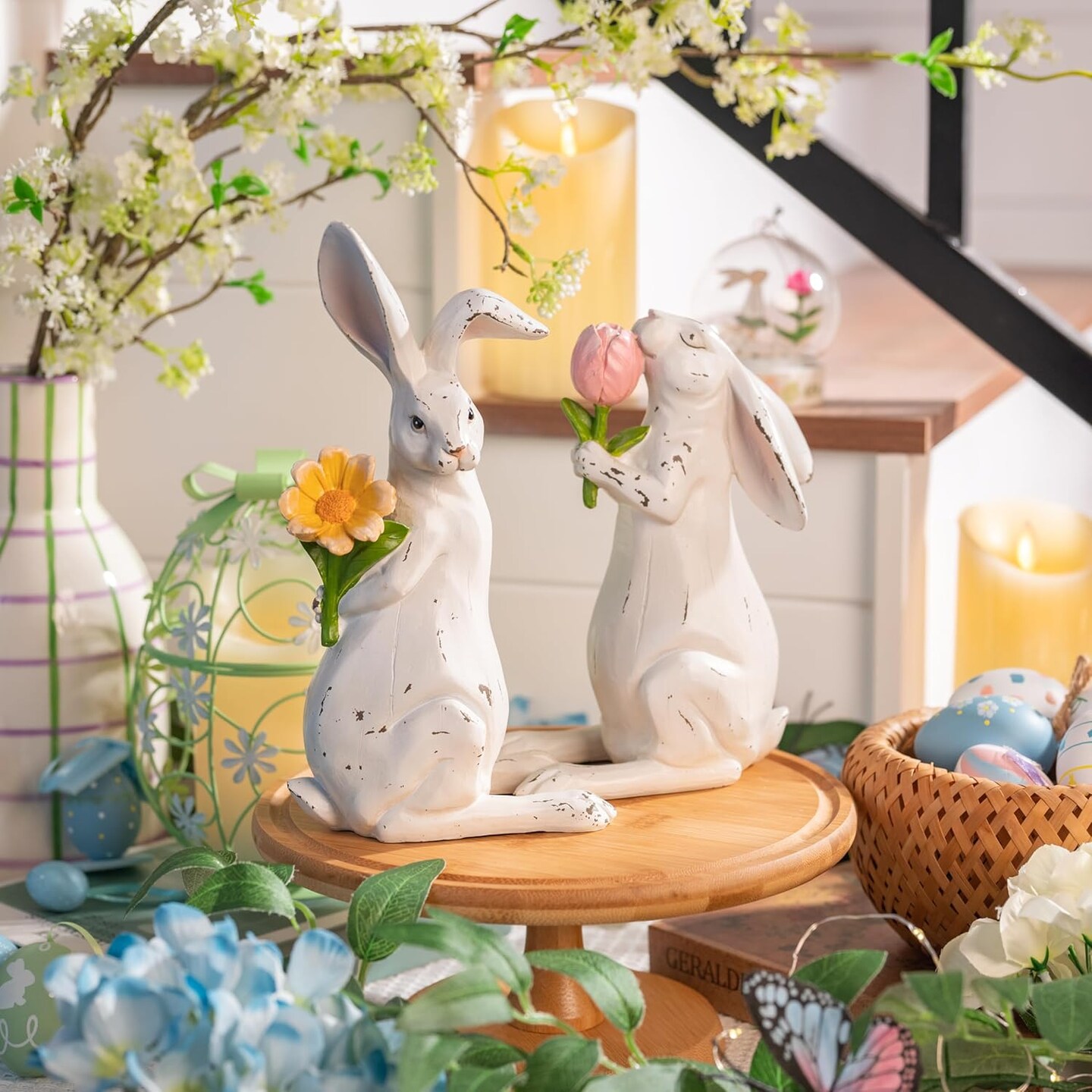 Easter Bunny Decorations for Home, Large White Couple Rabbits Figurine Tabletop Decor, 2Pcs Cute Easter Gifts Resin Statues for Spring Holiday Indoor Party Table Centerpieces, 9.6&#x22;